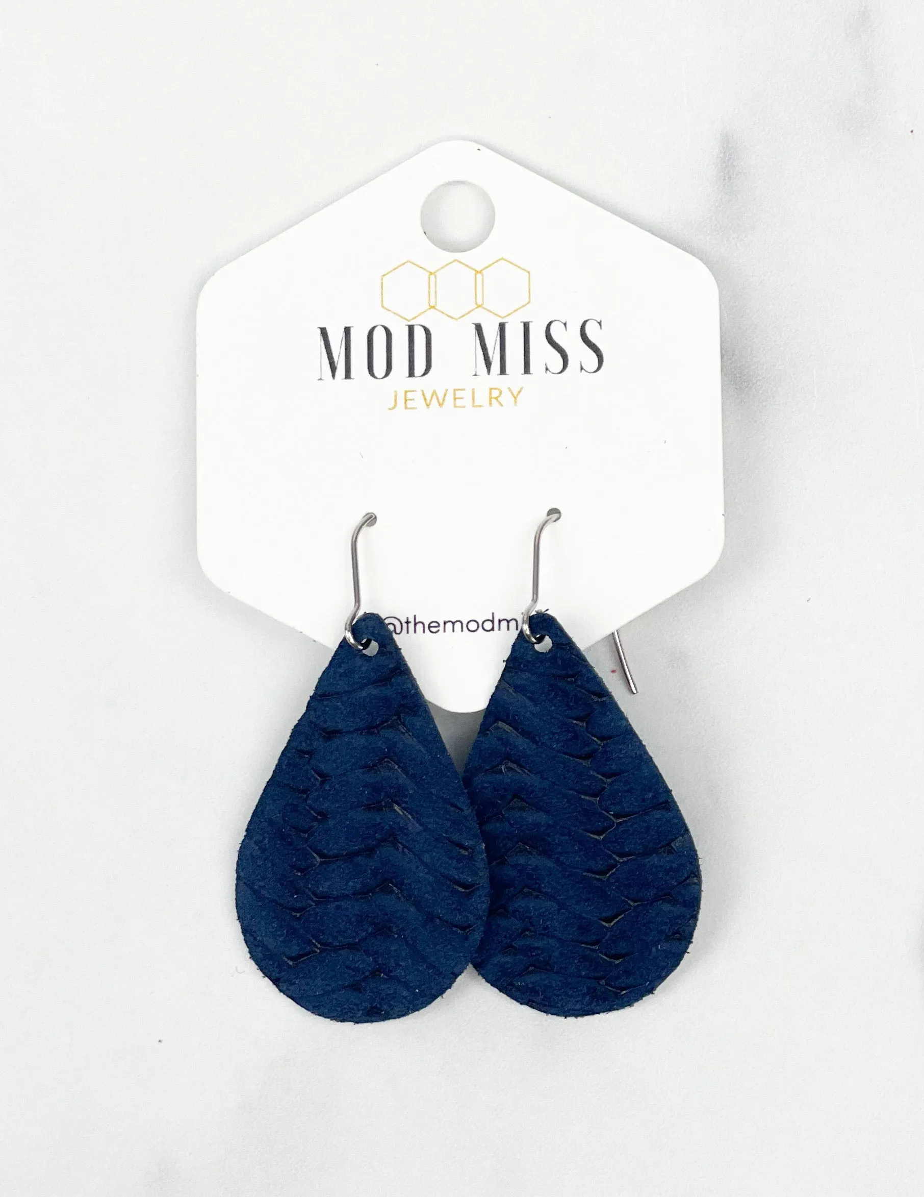 Leather Teardrop Earring Weaved Navy