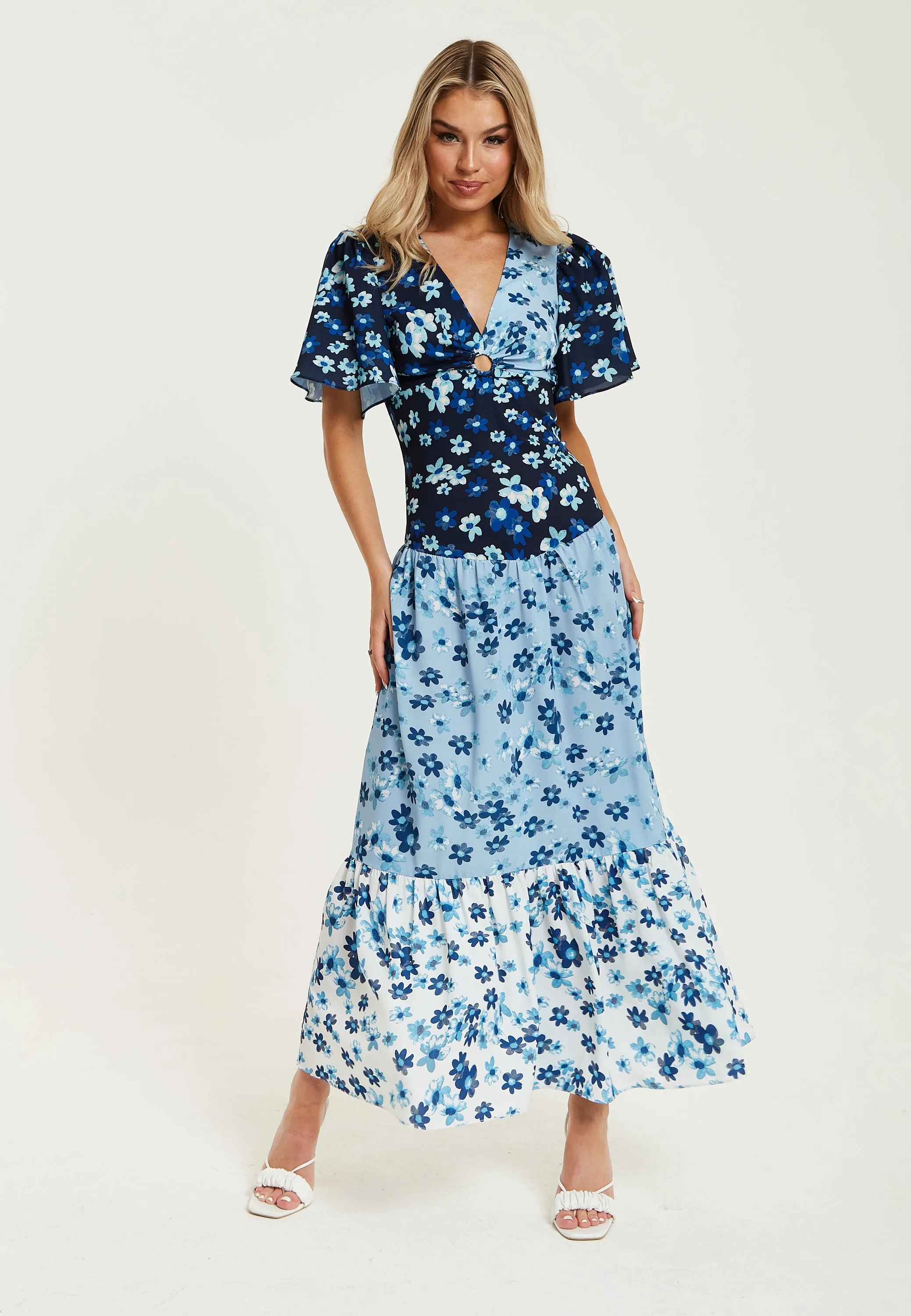 Liquorish Floral Print Midi Dress In Blue Navy And White