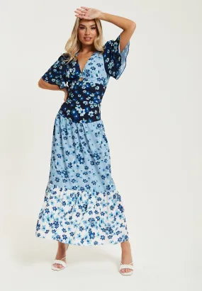 Liquorish Floral Print Midi Dress In Blue Navy And White