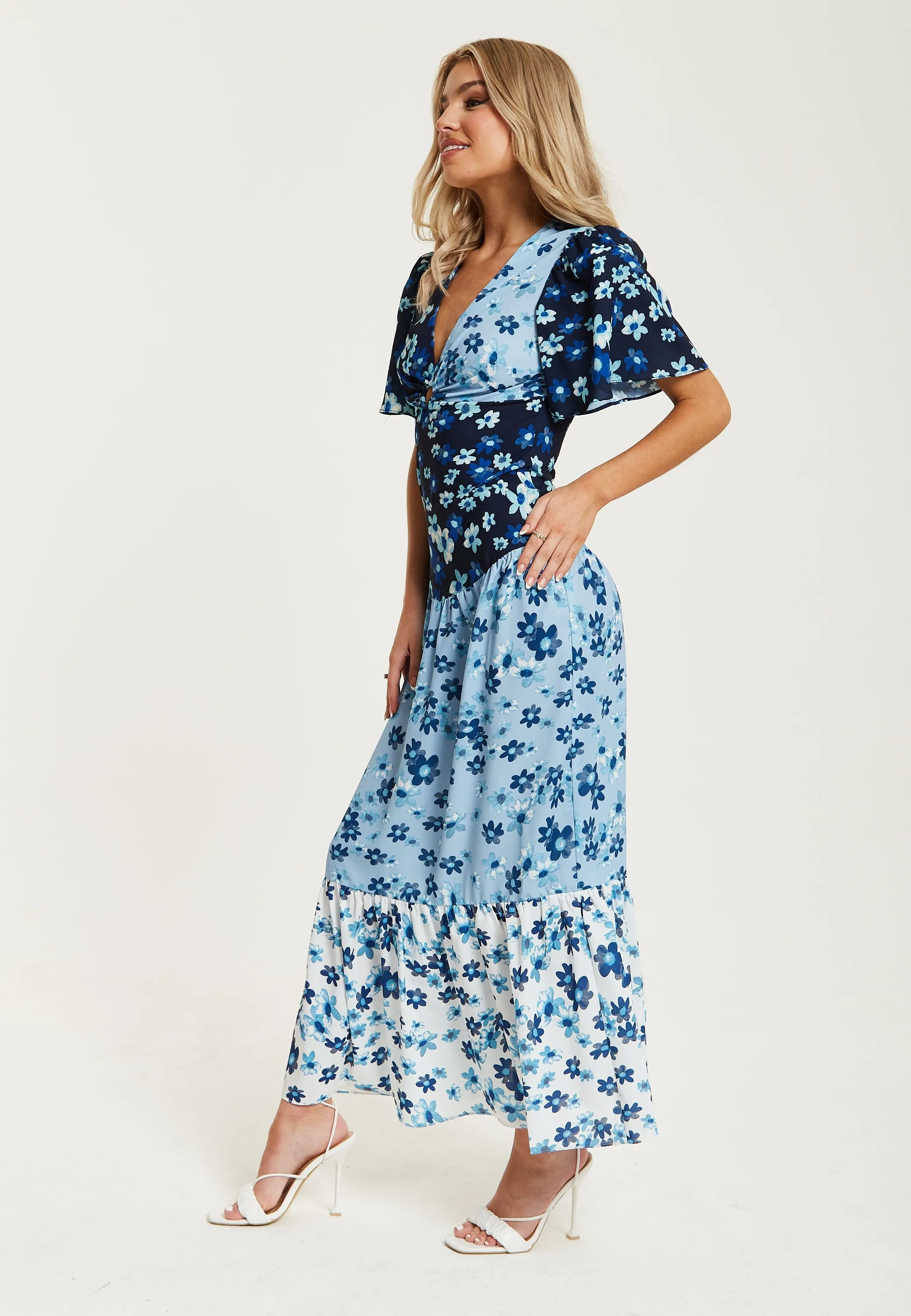 Liquorish Floral Print Midi Dress In Blue Navy And White