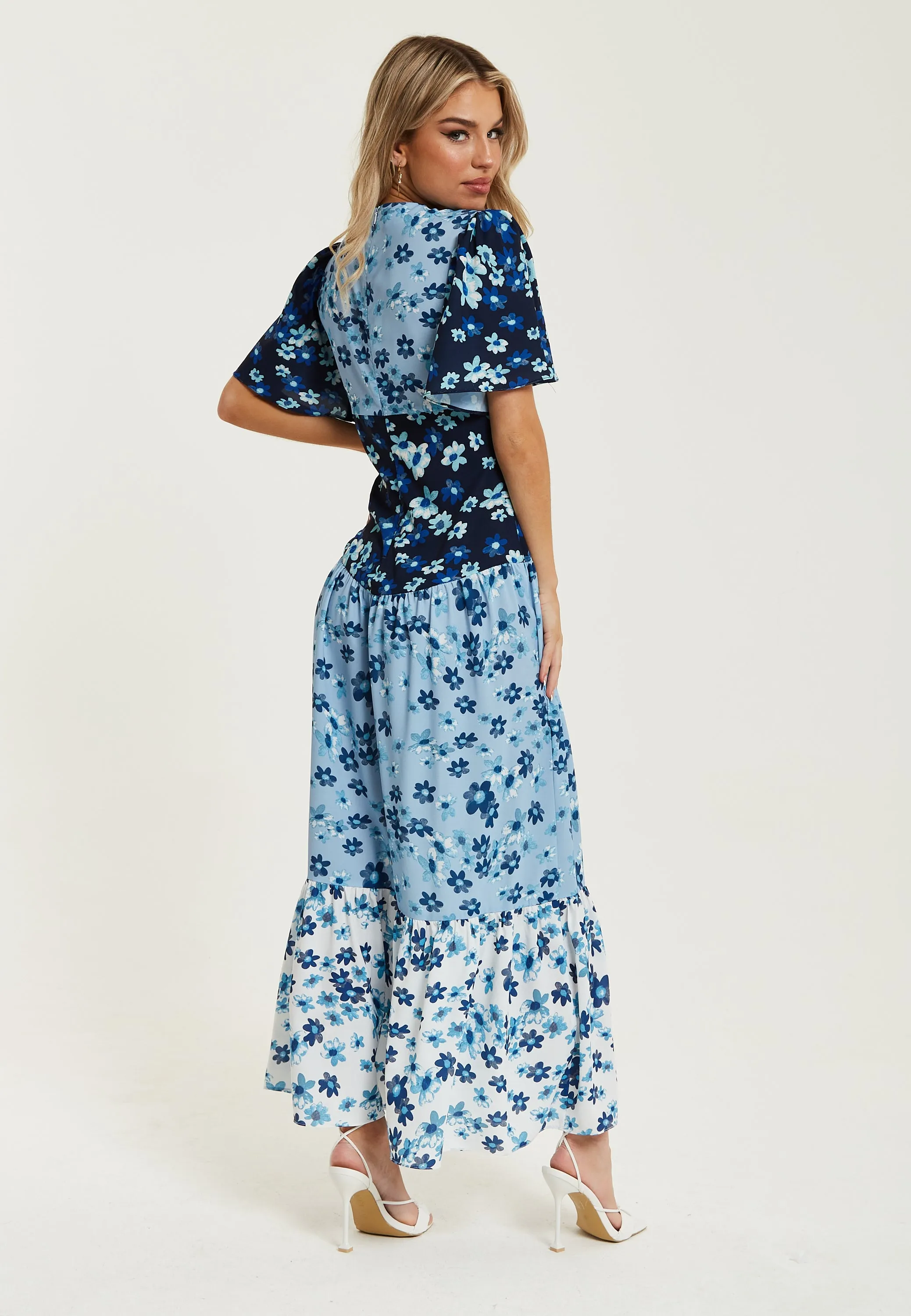 Liquorish Floral Print Midi Dress In Blue Navy And White