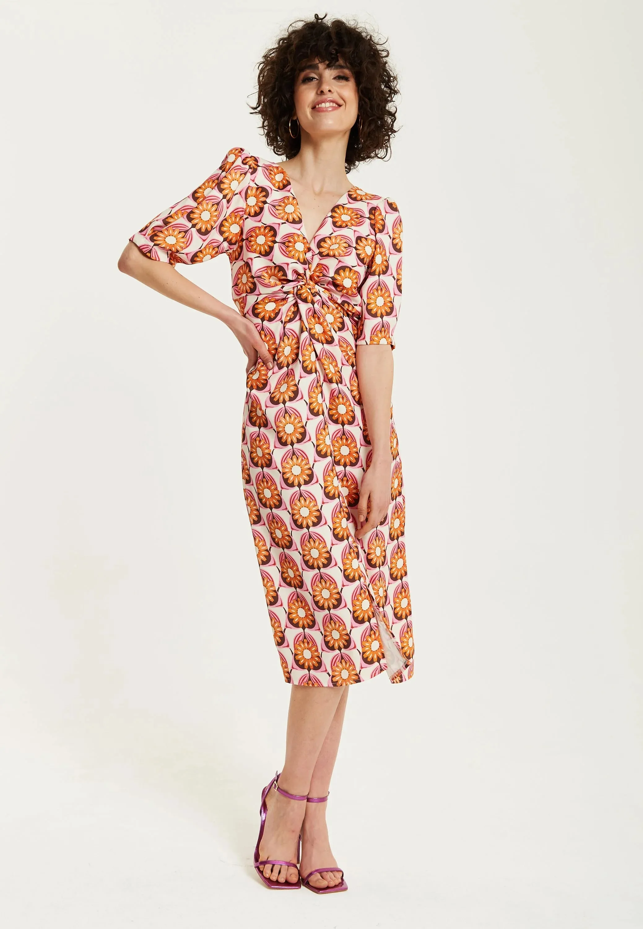 Liquorish Orange Floral Knot Front Midi Dress