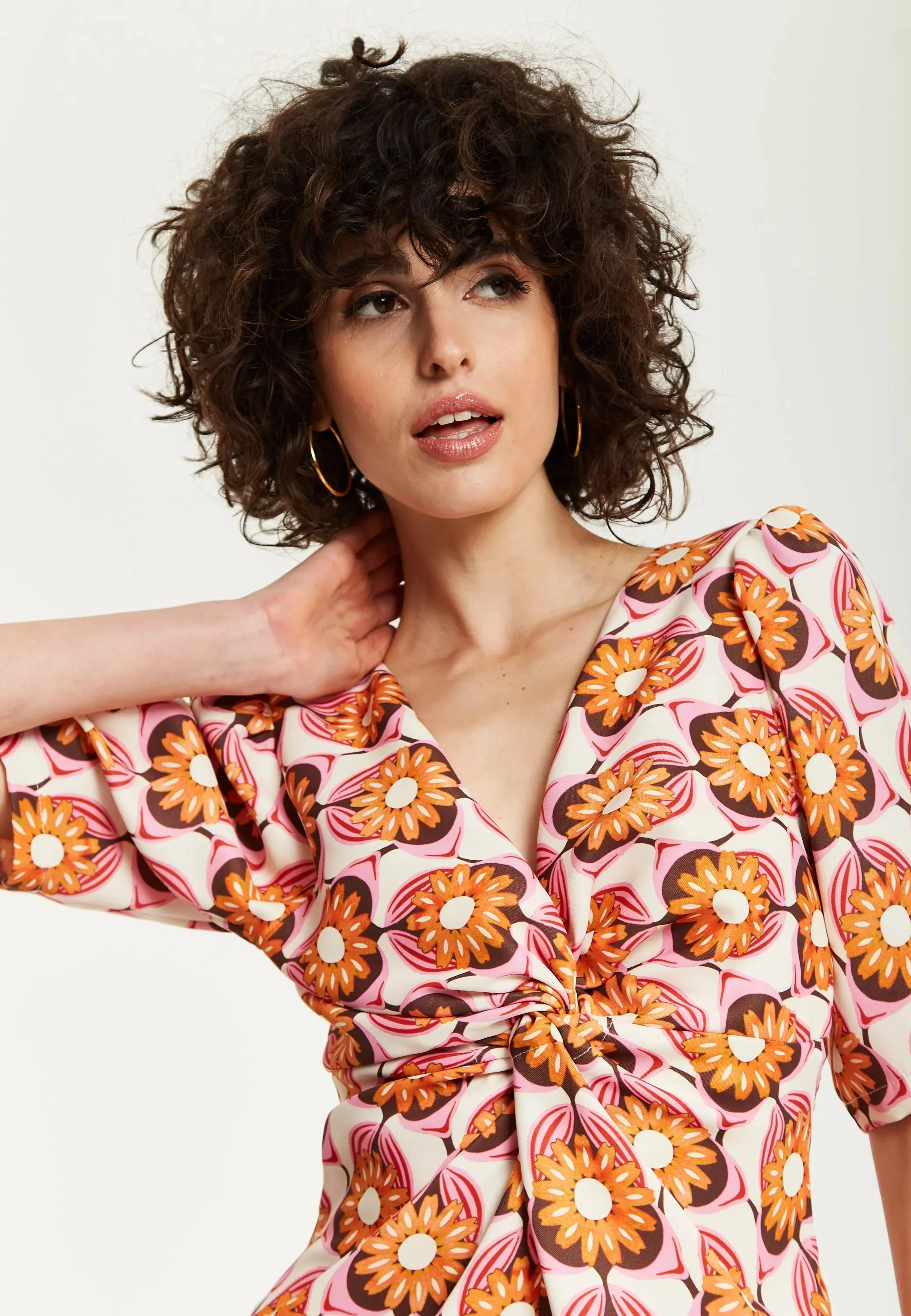 Liquorish Orange Floral Knot Front Midi Dress