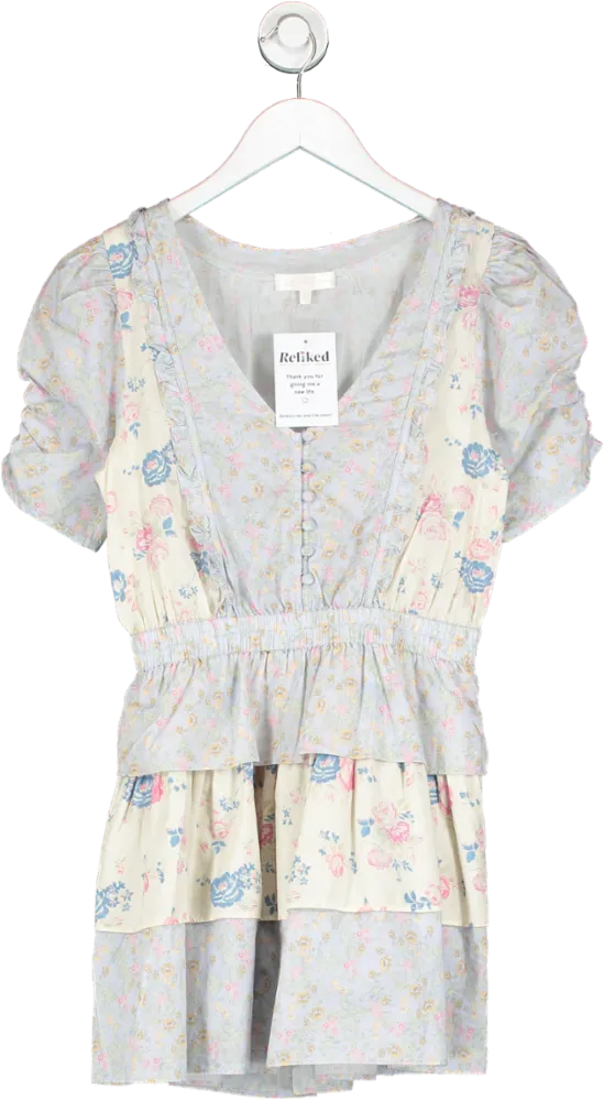 loveshackfancy Blue Floral Ruffled Patchwork Mini Dress UK XS