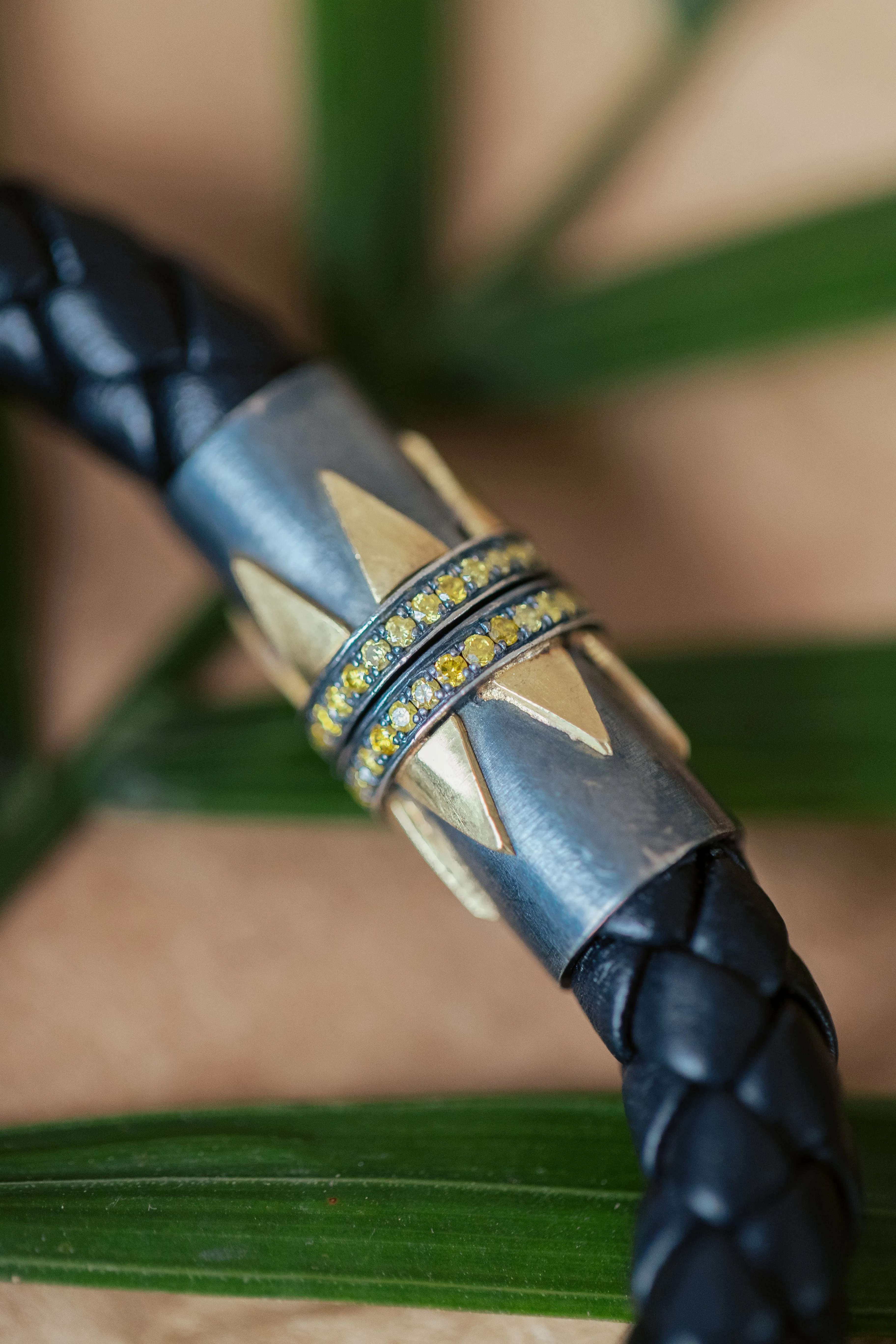 Magnet Leather Bracelet with Oxidized Silver, Gold Spikes and Yellow Diamond Clasp