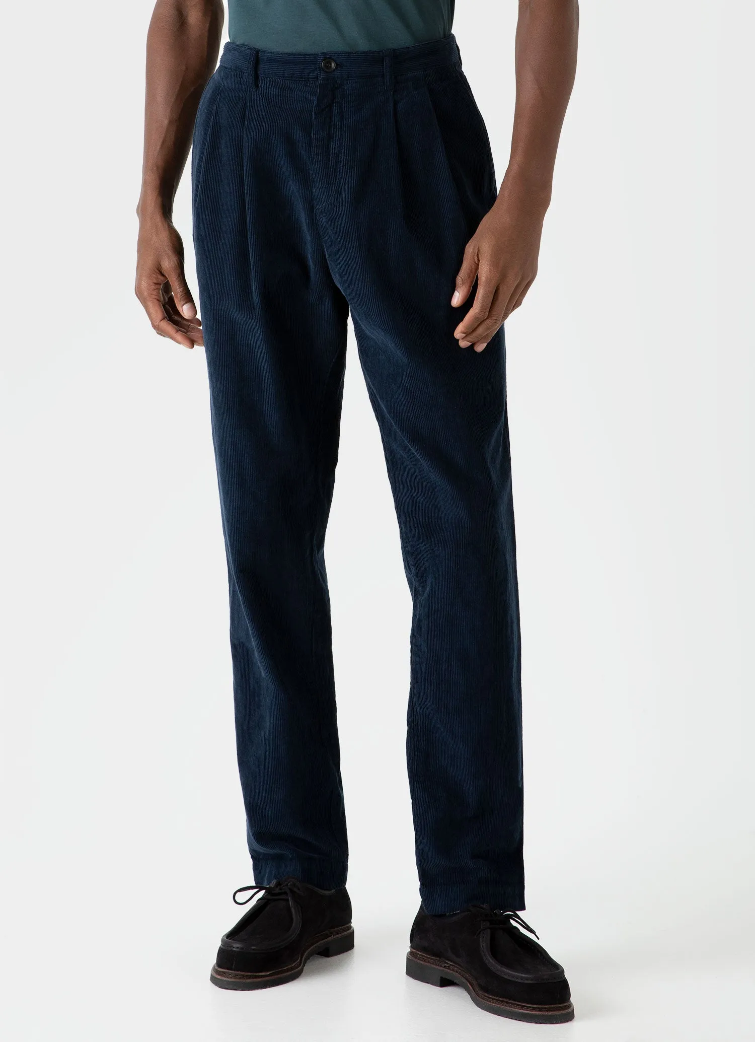 Men's Double Pleat Corduroy Trouser in Navy