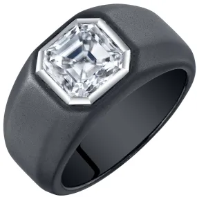 Men's Moissanite Black Signet Ring Sterling Silver Asscher Cut 3 Carats Size 14