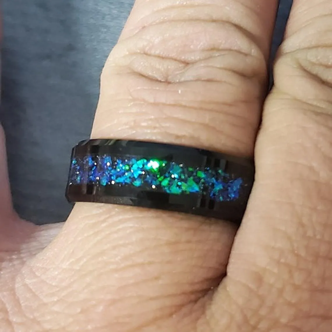 Men's Personalized Galaxy Opal Wedding Ring - Men's Opal Tungsten Wedding Ring