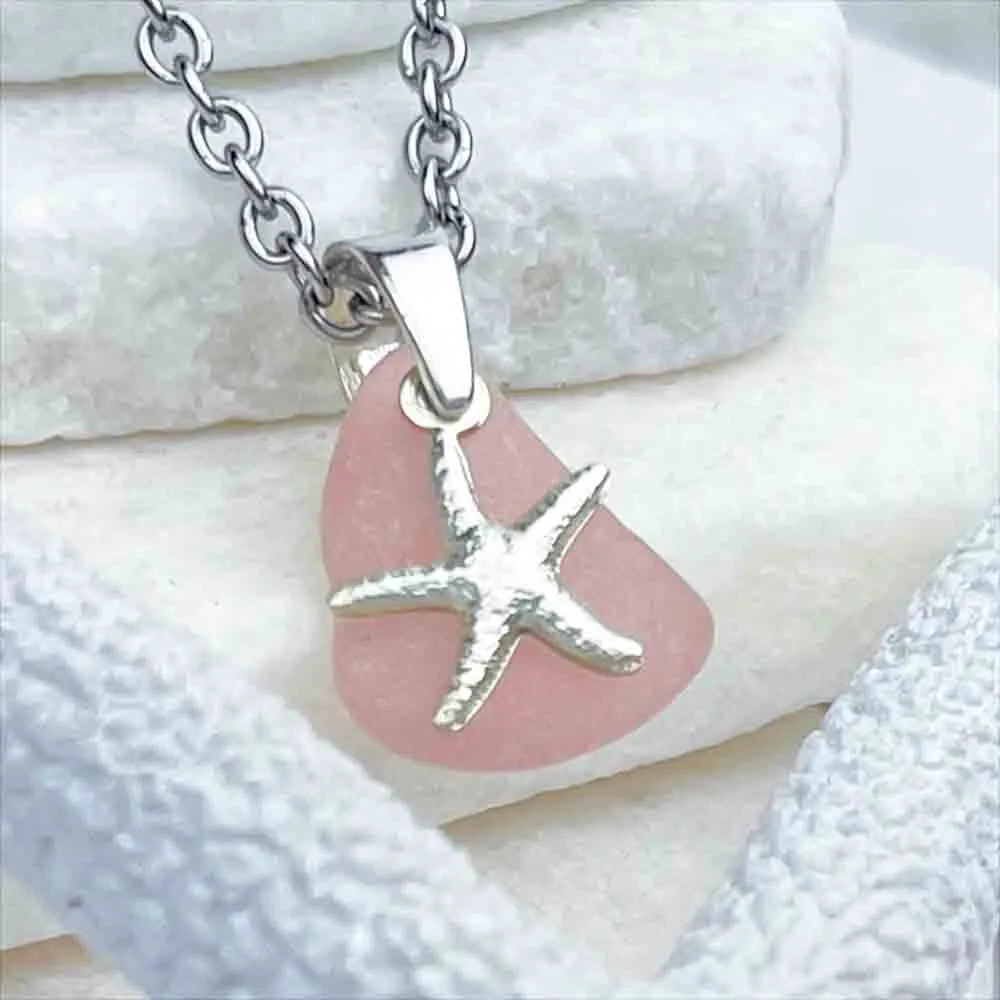 Miniature Pink Sea Glass Pendant with Sterling Silver Starfish Charm | #1730