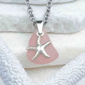 Miniature Pink Sea Glass Pendant with Sterling Silver Starfish Charm | #1730