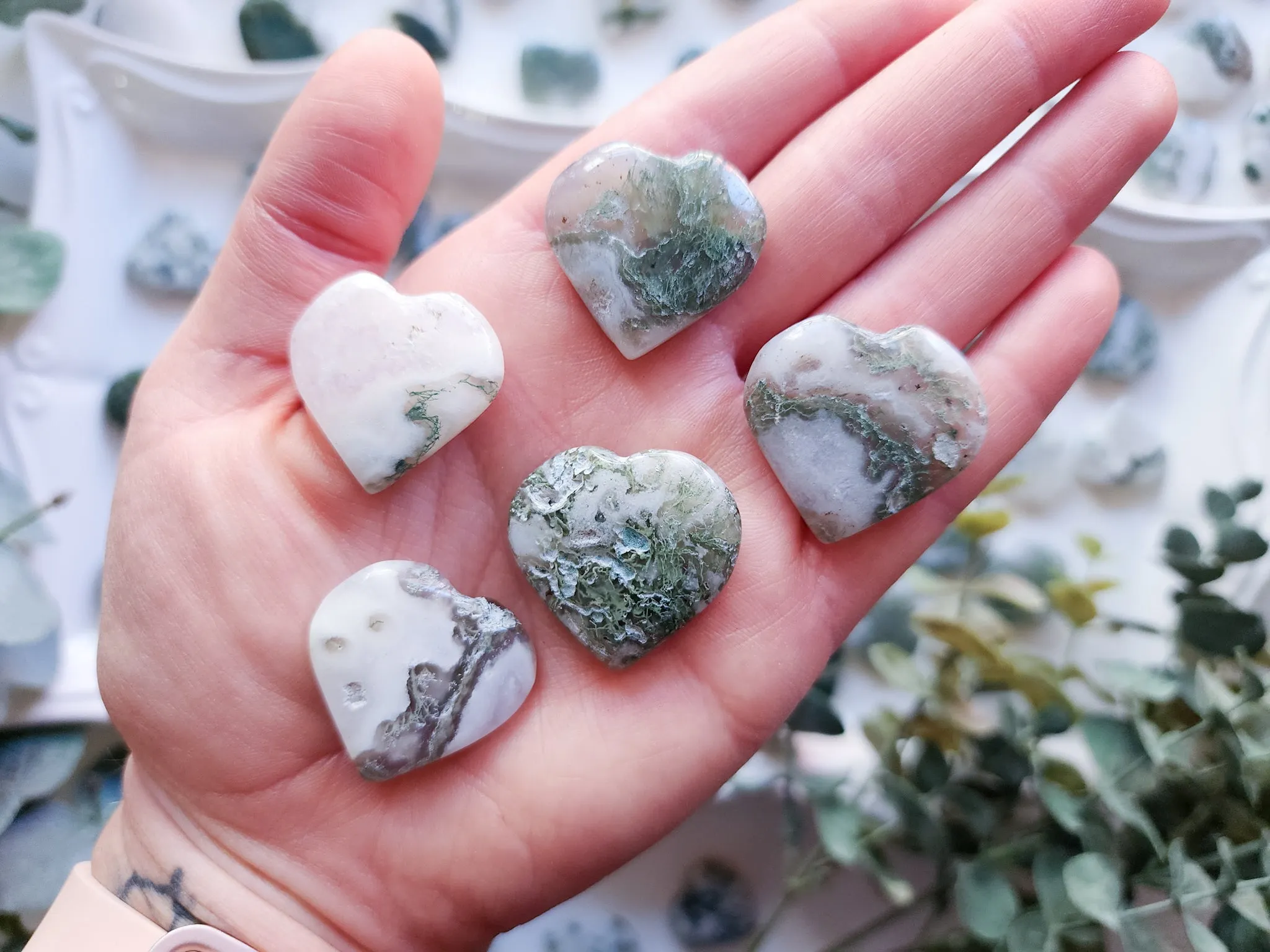 Moss Agate Flat Mini Hearts