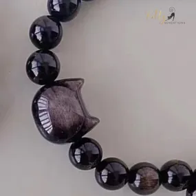 Natural Obsidian Cat Bracelet - Adjustable Size