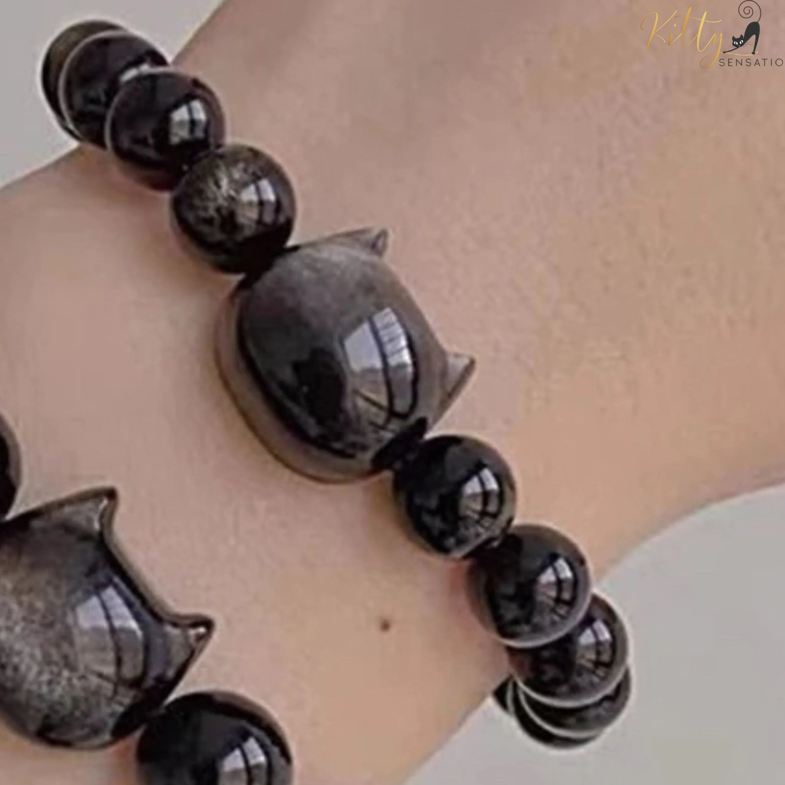 Natural Obsidian Cat Bracelet - Adjustable Size