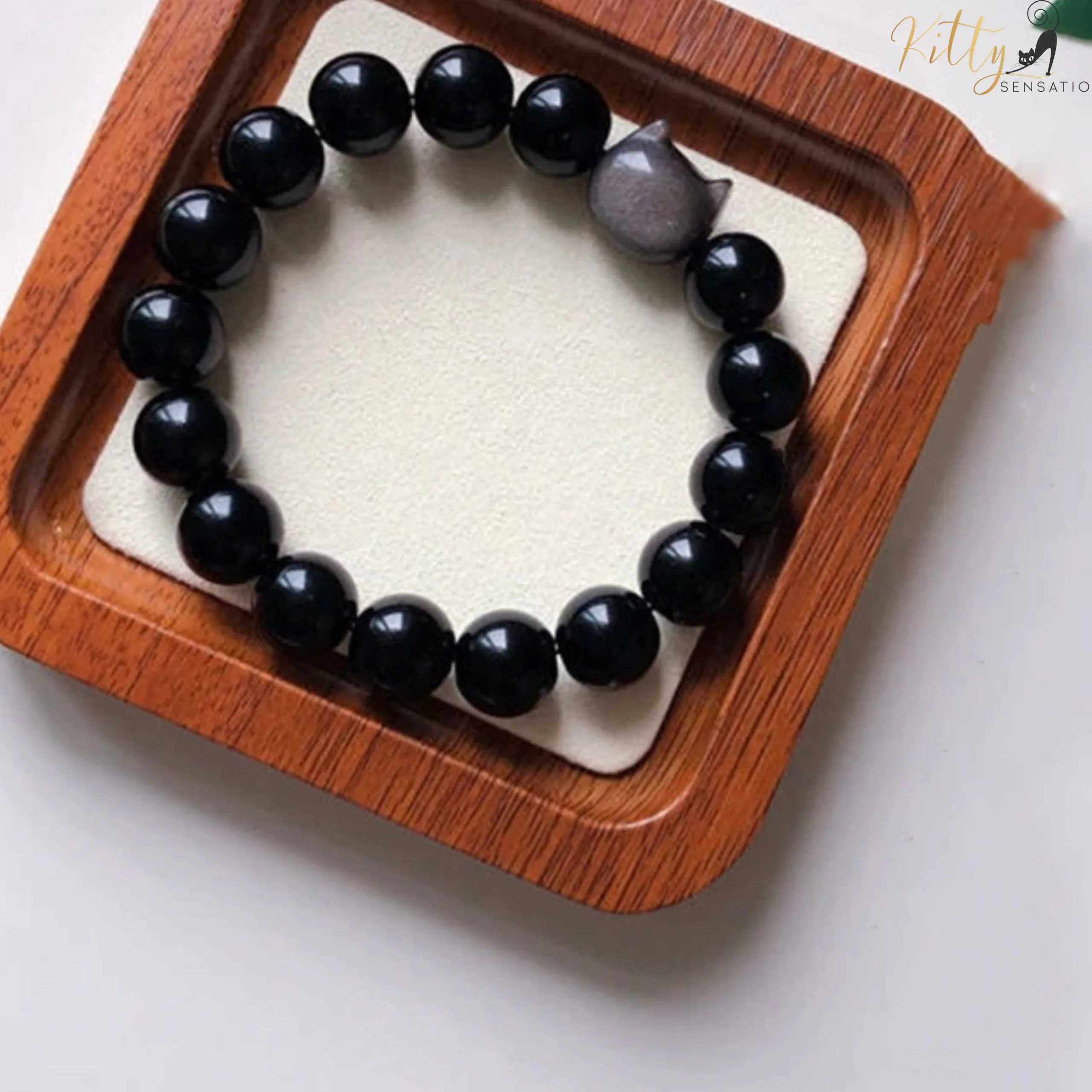 Natural Obsidian Cat Bracelet - Adjustable Size