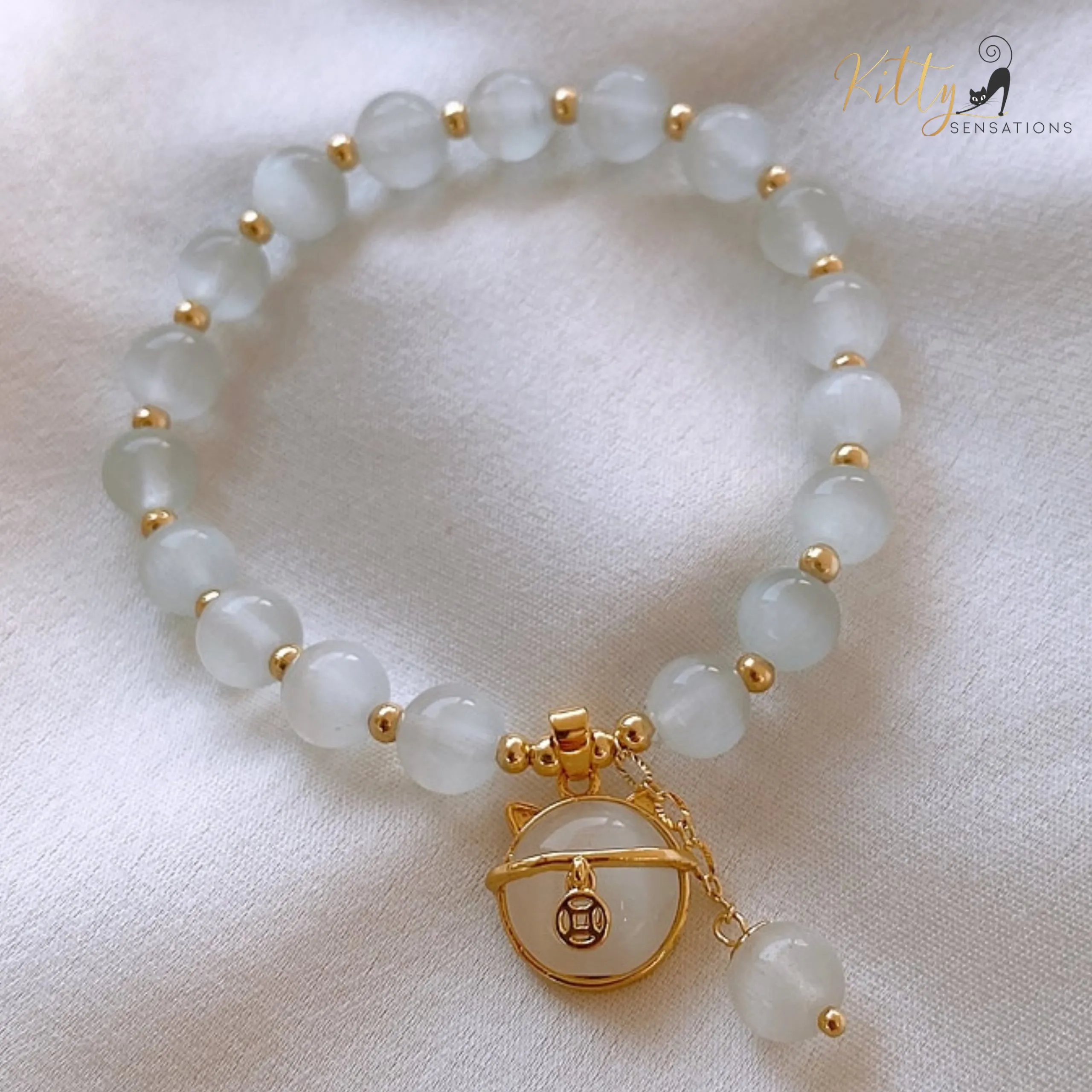 Natural Opal with Golden Beads and Kitty Face Charm Bracelet