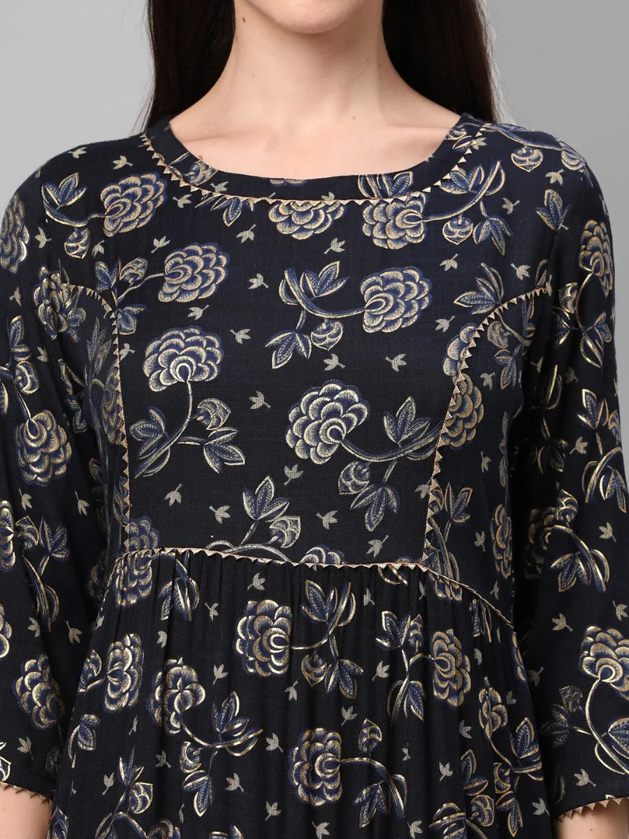 Navy Blue Floral Printed Dress