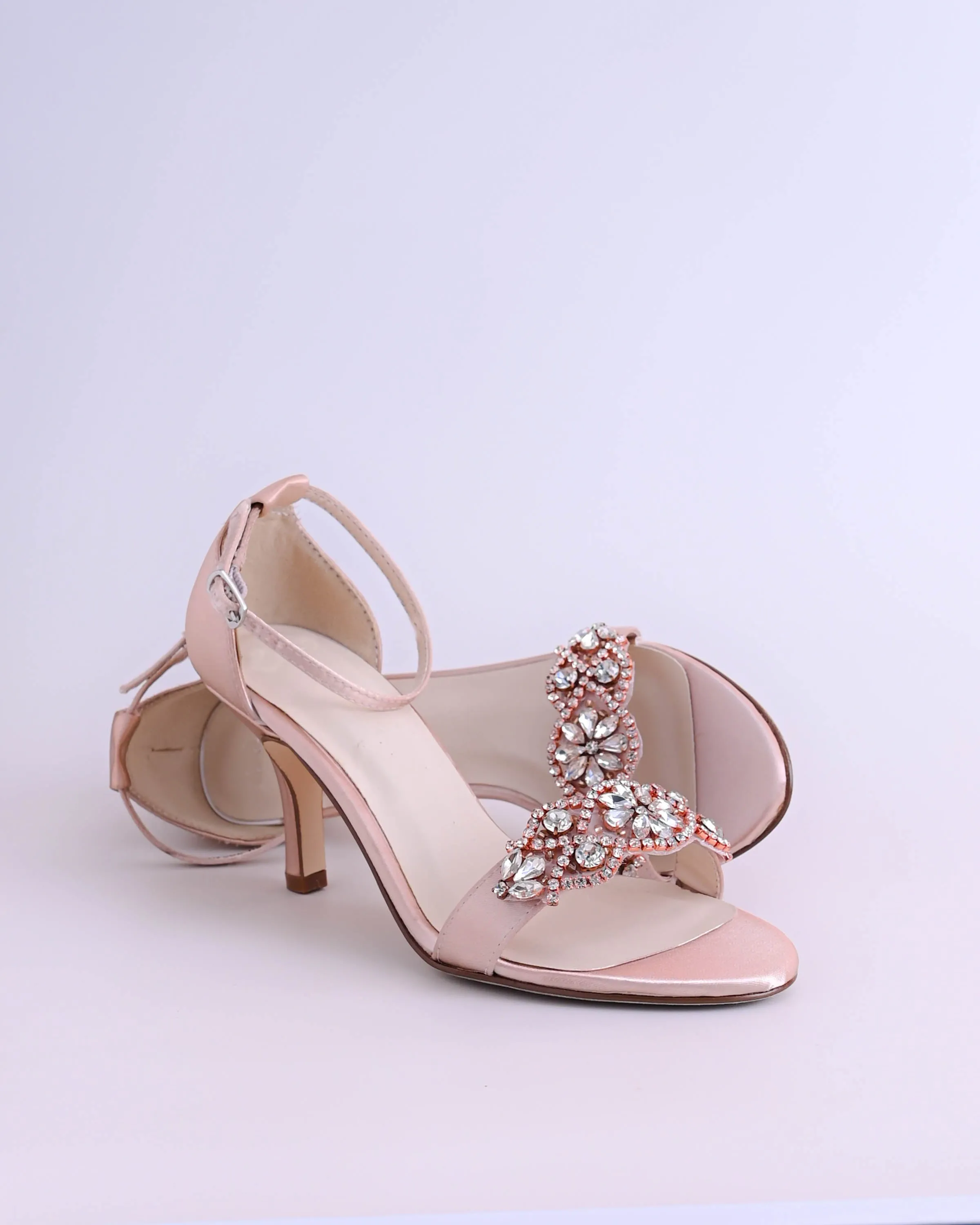 Nayomi Blush Bridal Sandals with Rose Gold & Silver Crystal Applique