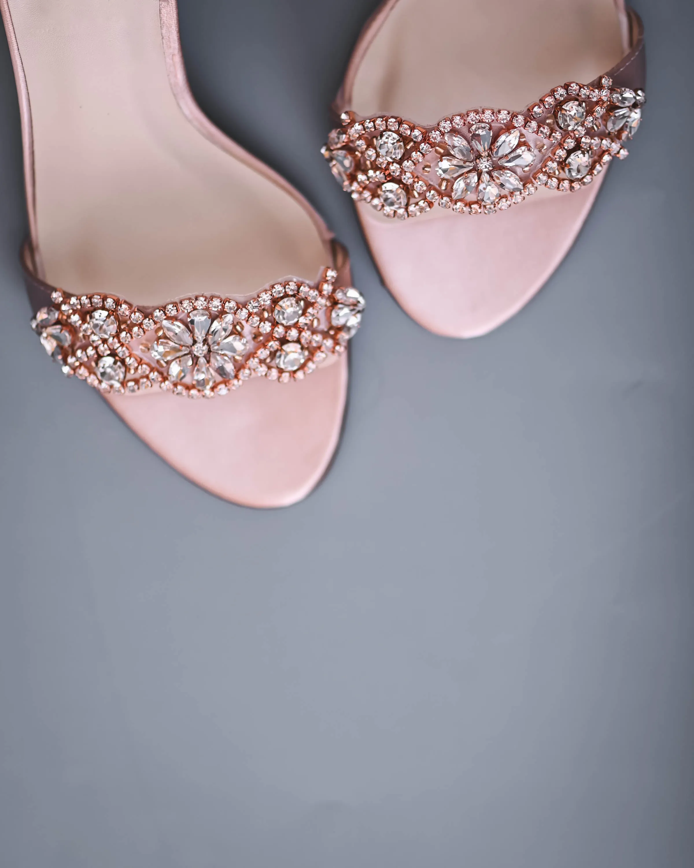 Nayomi Blush Bridal Sandals with Rose Gold & Silver Crystal Applique