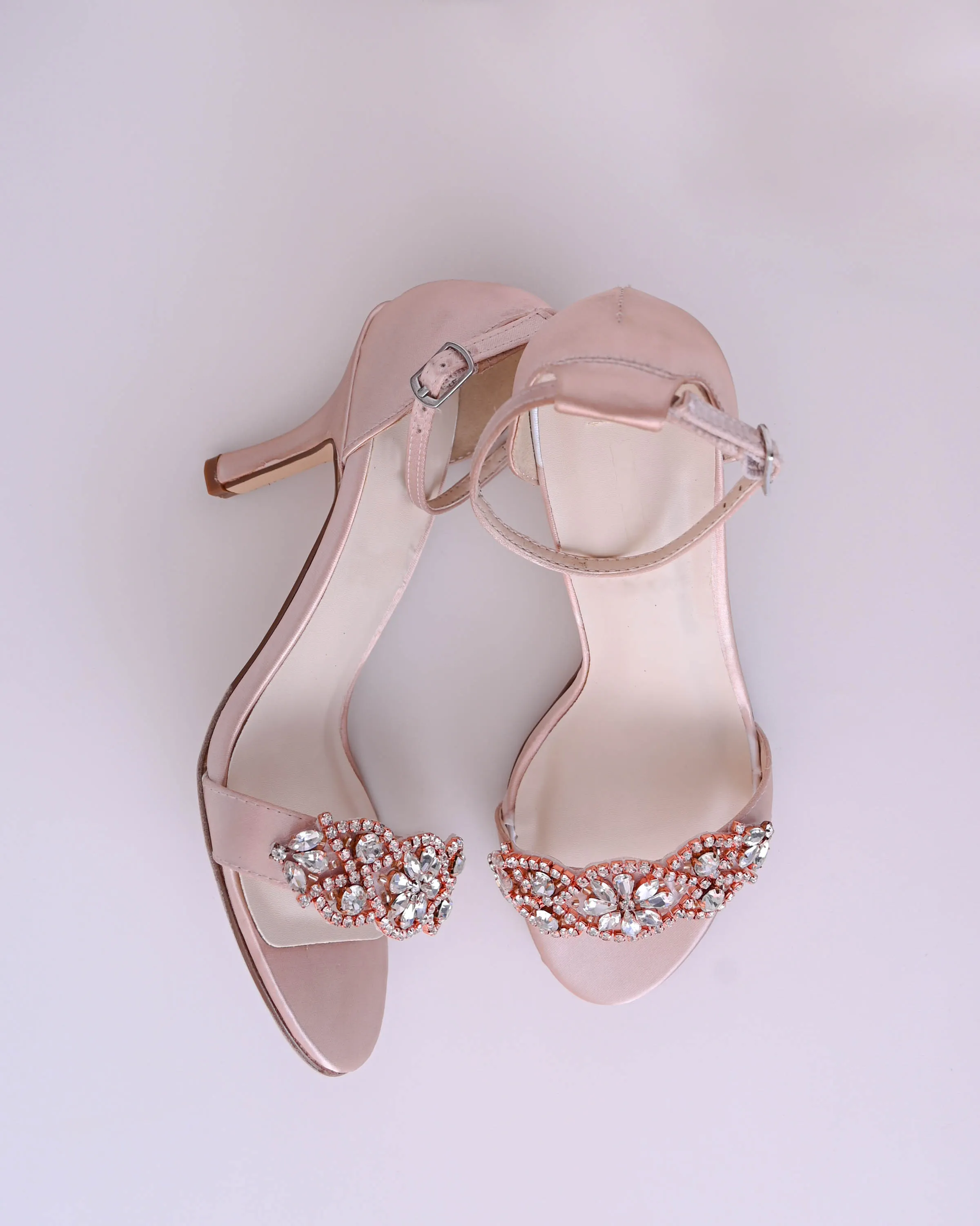 Nayomi Blush Bridal Sandals with Rose Gold & Silver Crystal Applique