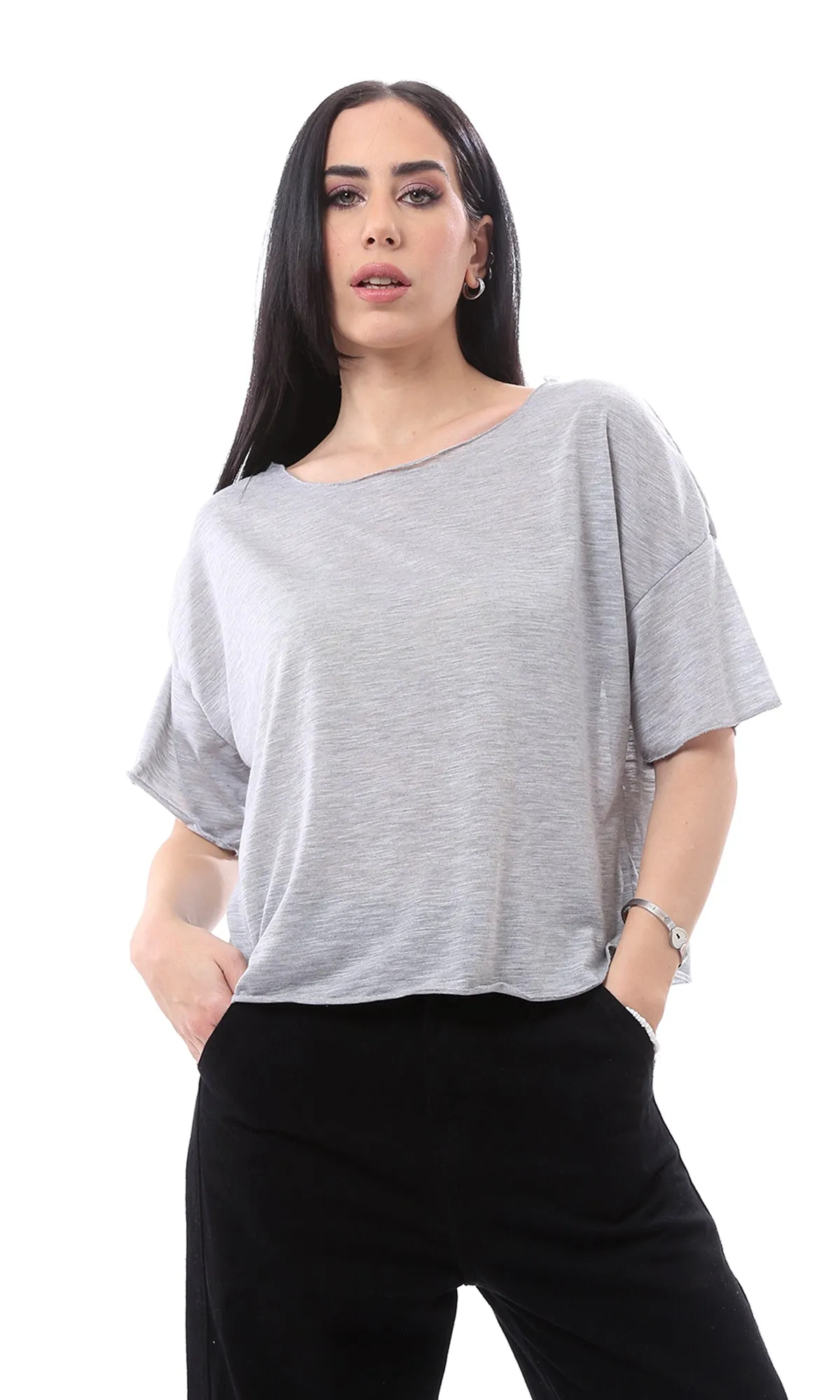 O166326 Wide Neck Loose Heather Grey Lightweight Tee