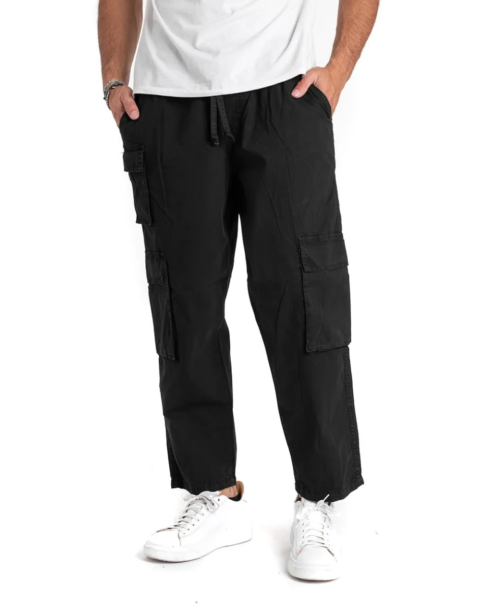 Pantaloni Uomo Cargo Tasconi Comodo Coulisse Tinta Unita Nero GIOSAL-P5345A