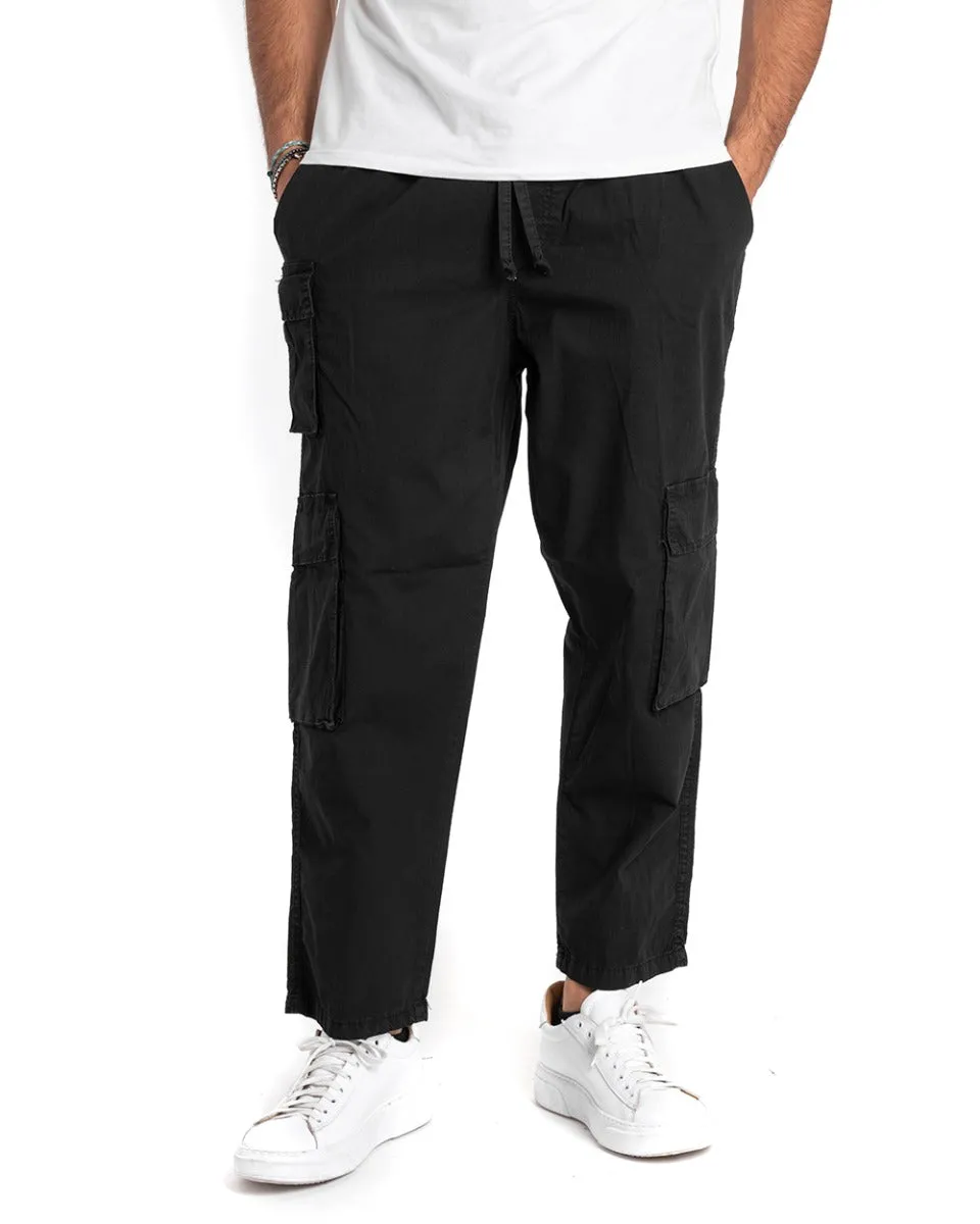 Pantaloni Uomo Cargo Tasconi Comodo Coulisse Tinta Unita Nero GIOSAL-P5345A