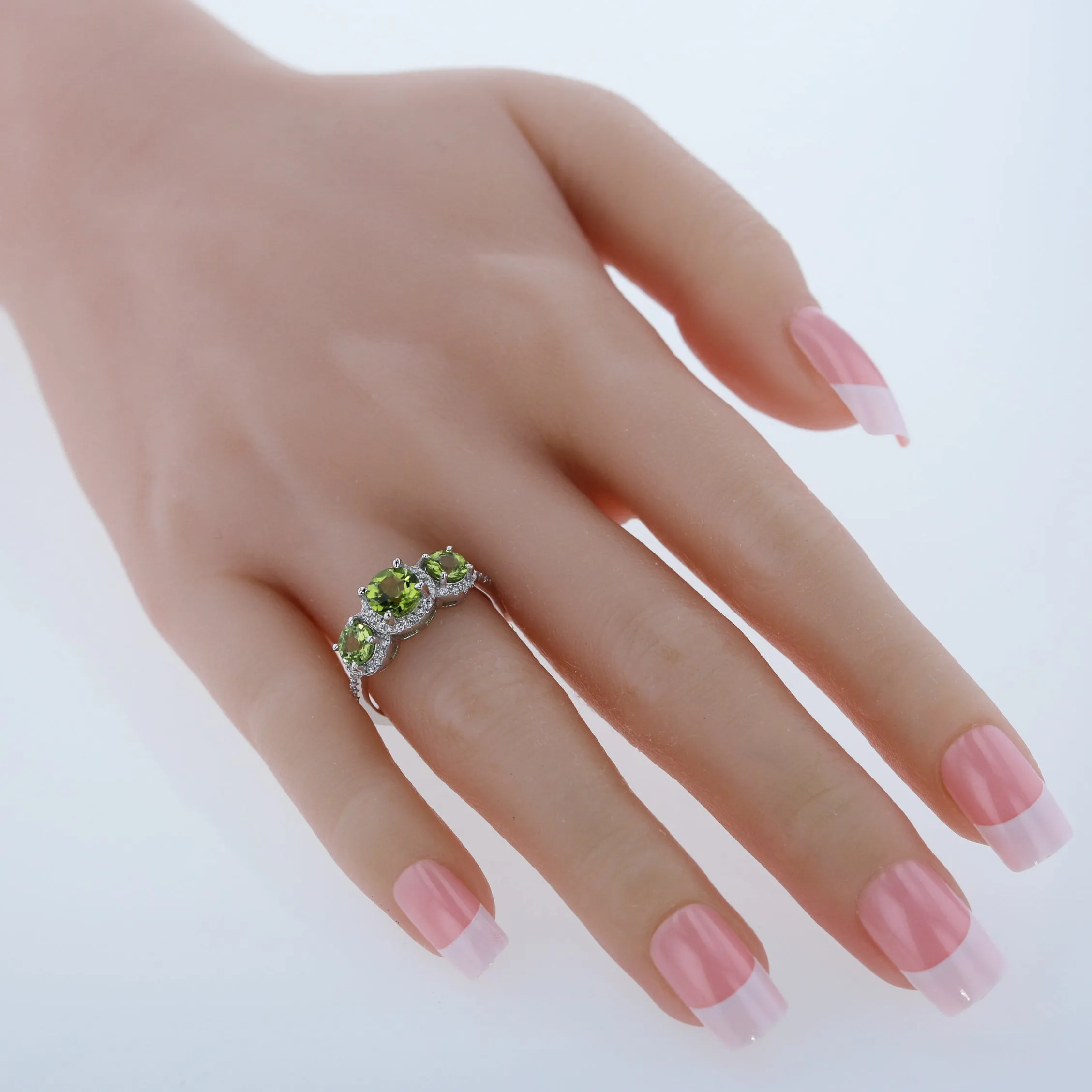 Peridot 3-Stone Halo Ring Sterling Silver Round Shape 1.50 Carats Size 8