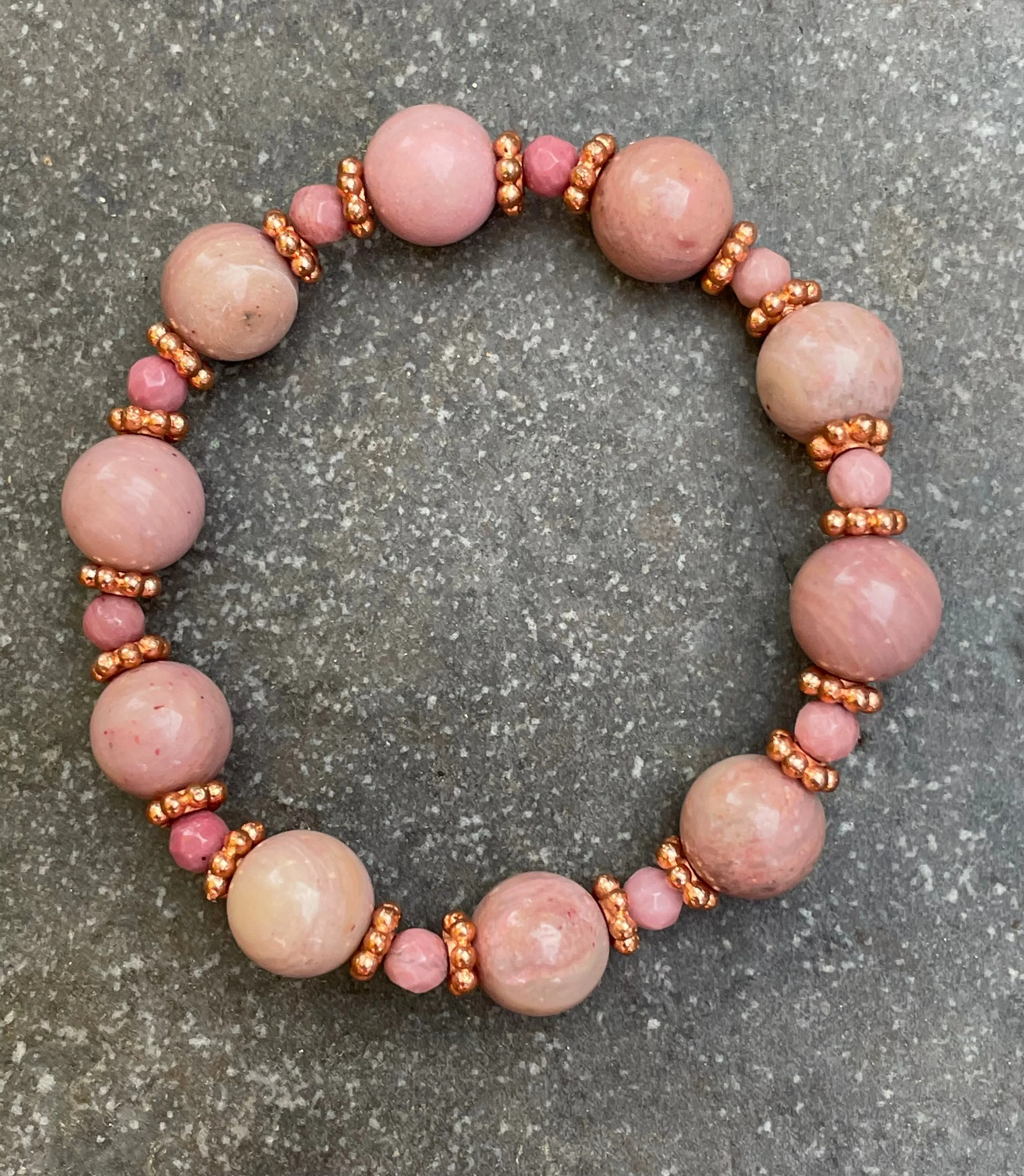 Pink Rhodonite and Copper Beaded Stretch Bracelet