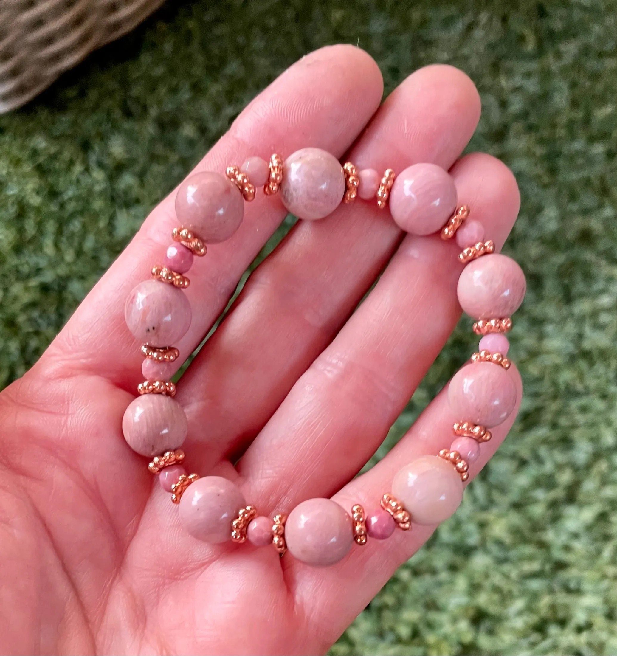 Pink Rhodonite and Copper Beaded Stretch Bracelet