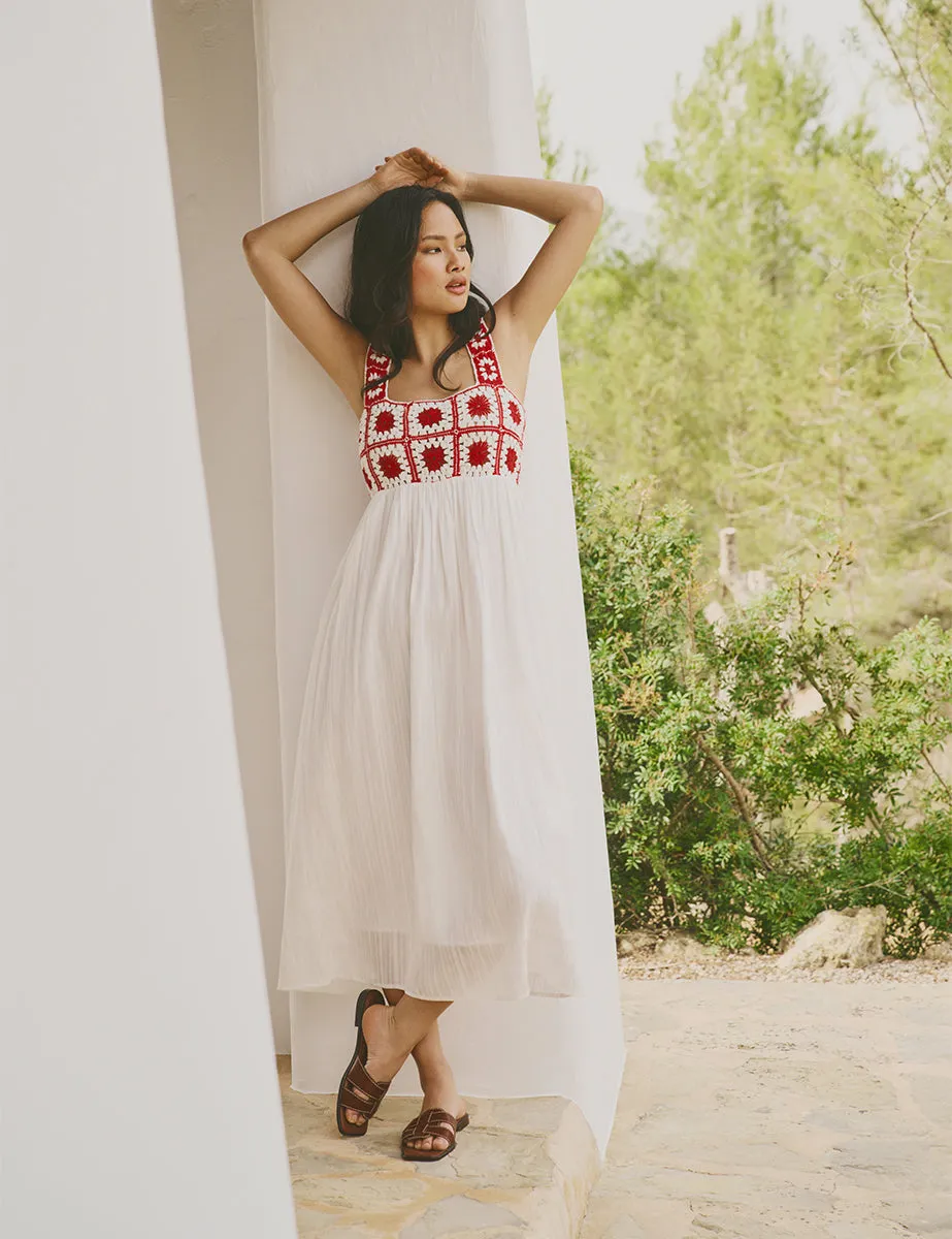 Red and White Crochet Paola Mid Dress