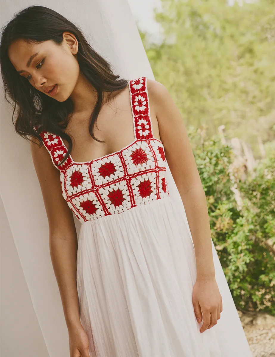 Red and White Crochet Paola Mid Dress