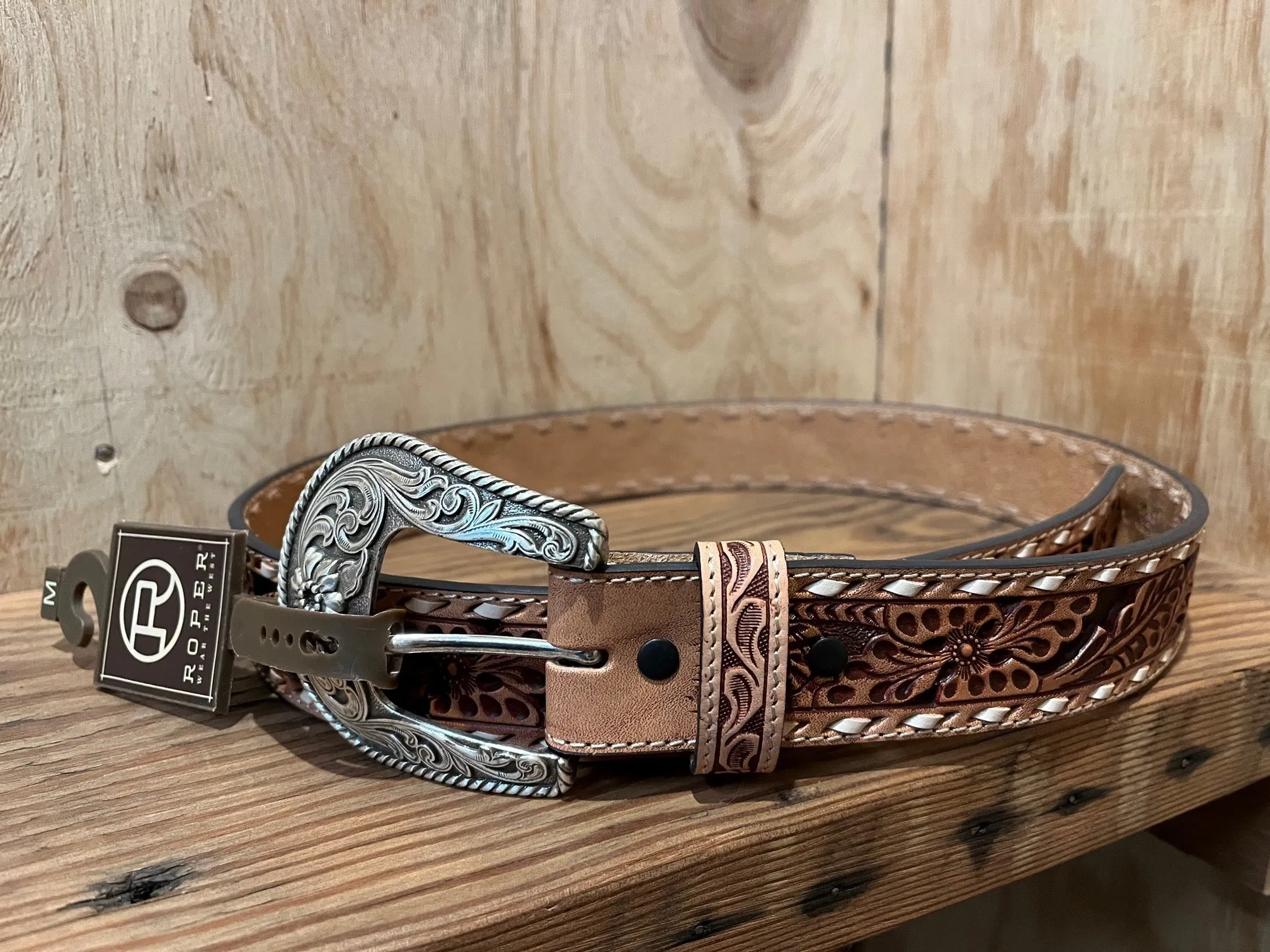 Roper Womens Floral Tooled Belt - Natural