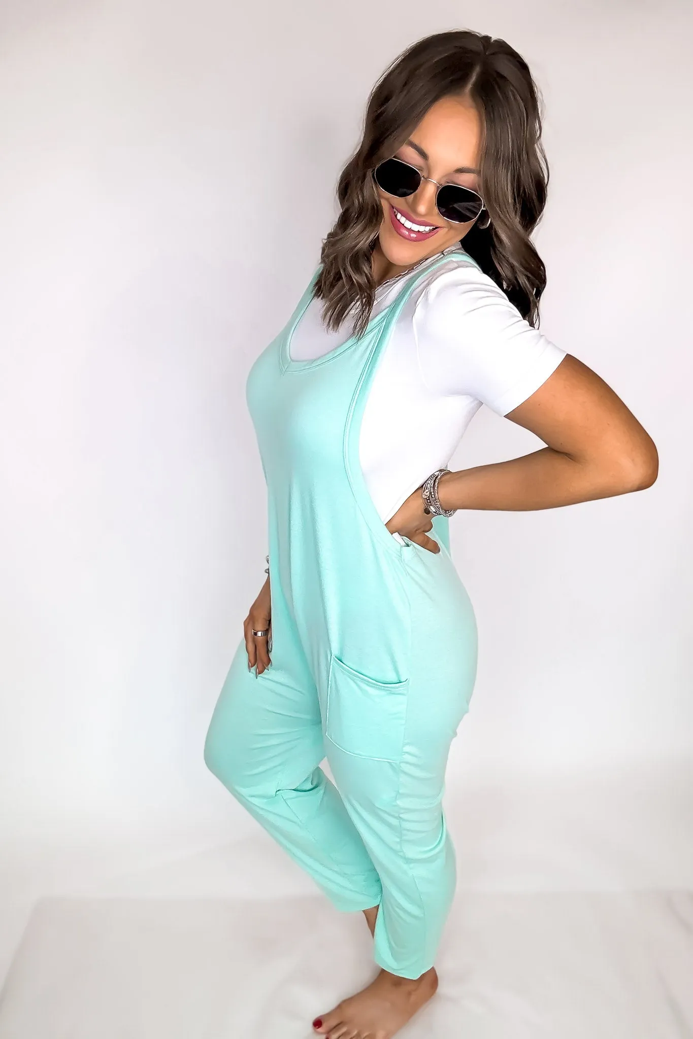 Rushing In Mint Sleeveless Jumpsuit with Pockets Overall Jumper