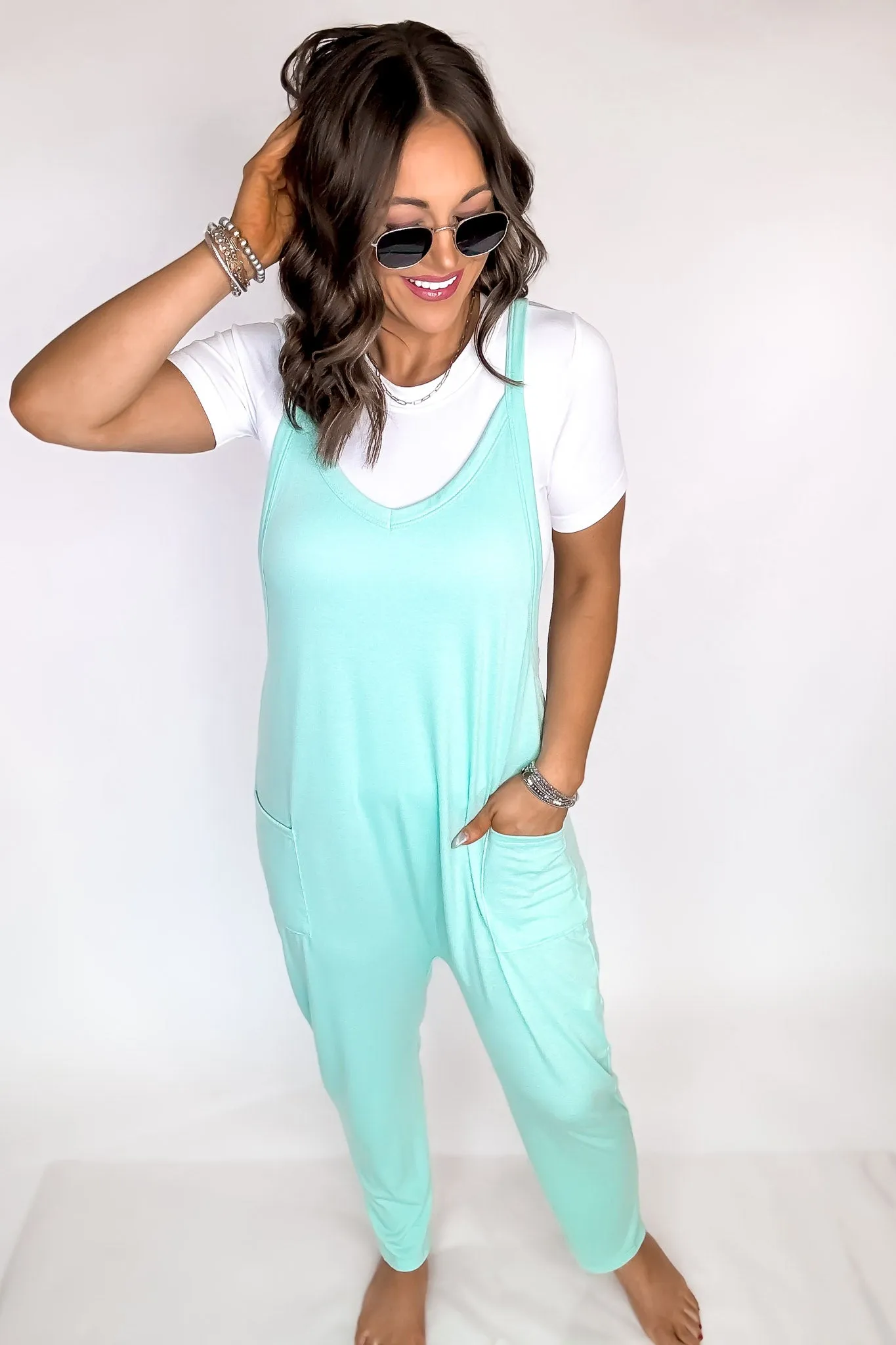 Rushing In Mint Sleeveless Jumpsuit with Pockets Overall Jumper