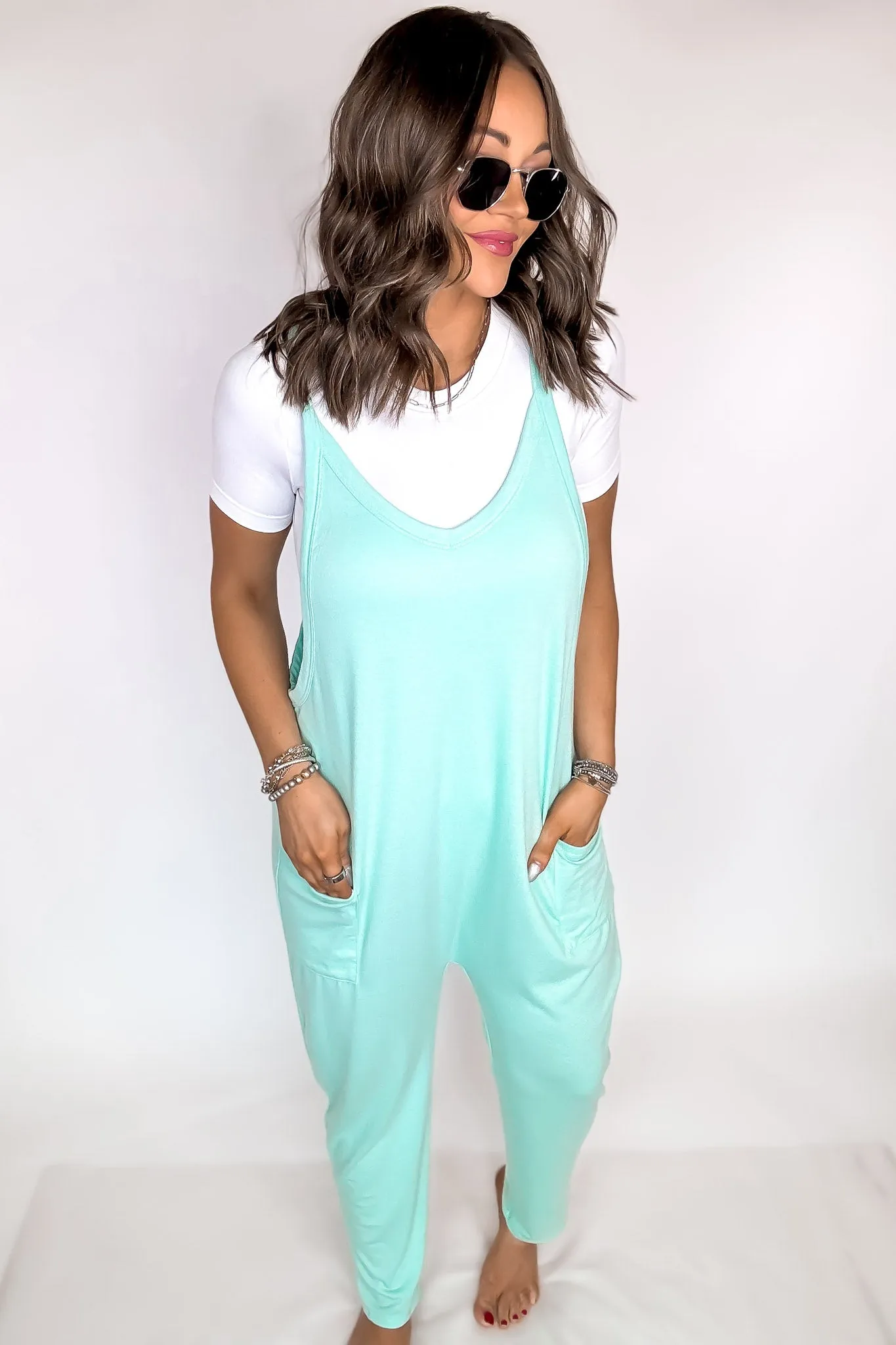 Rushing In Mint Sleeveless Jumpsuit with Pockets Overall Jumper