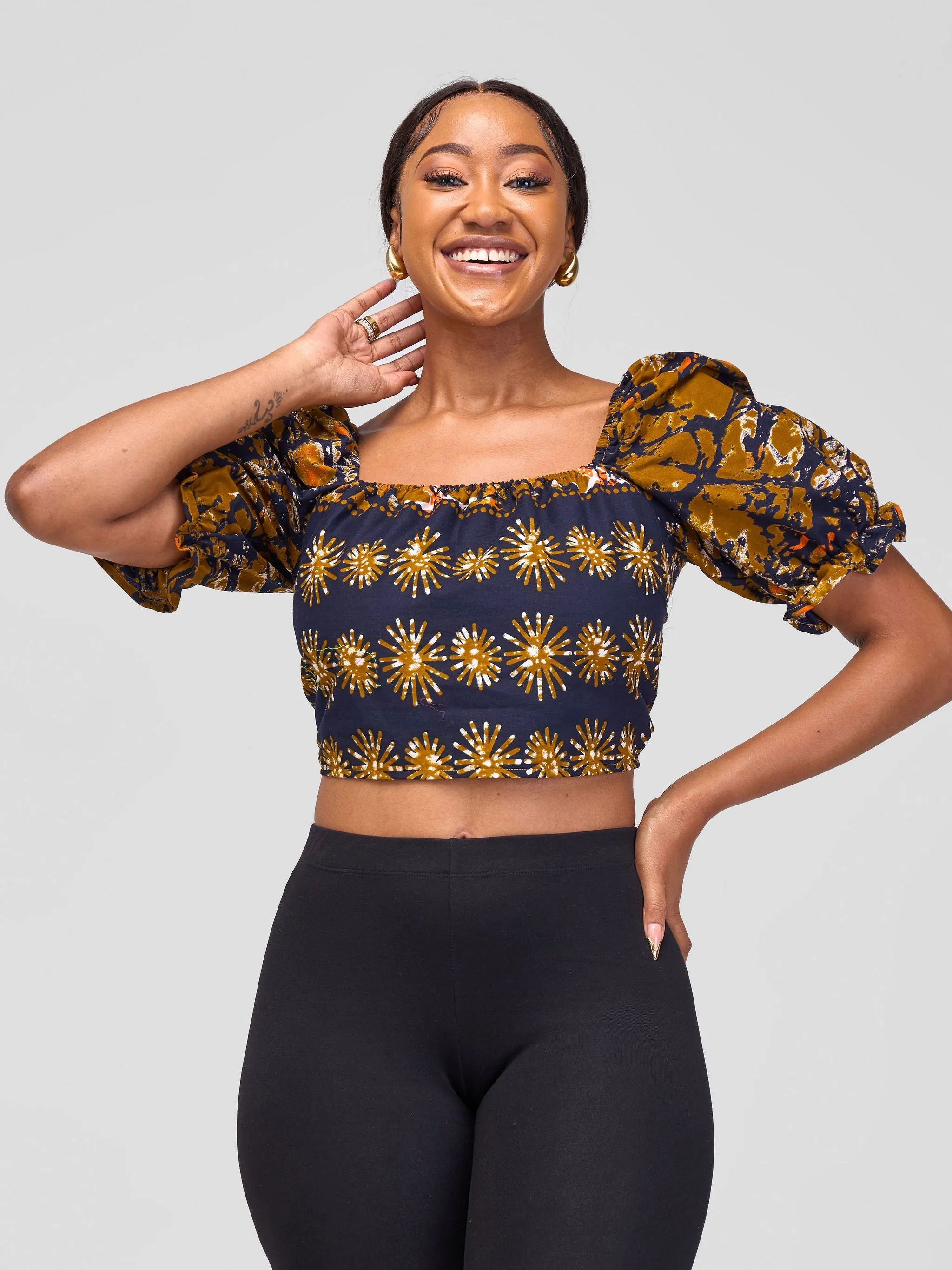 Safari Anga Puffy Short Sleeve Tie Top - Dark Mustard / Navy Blue Ankara Print