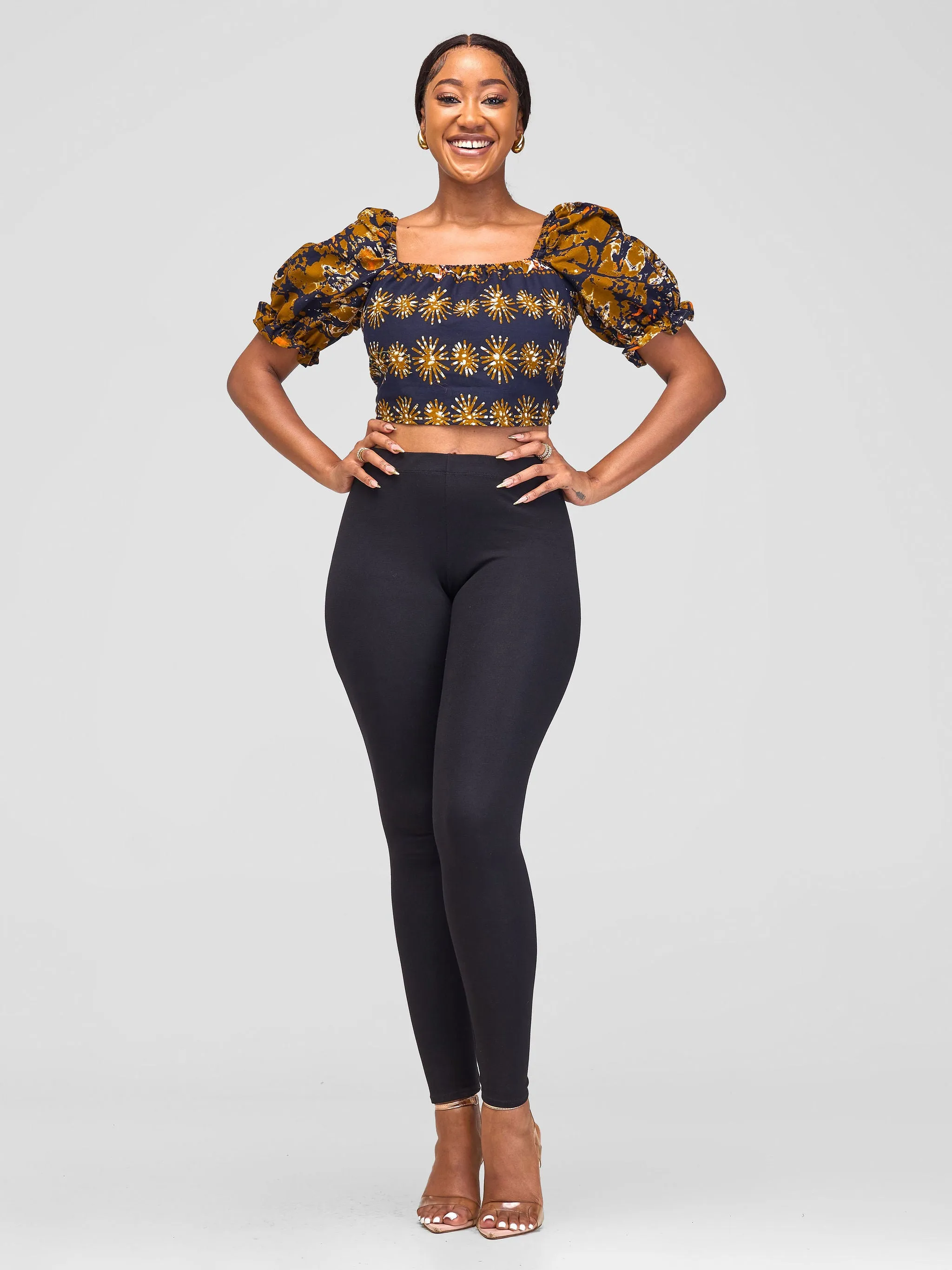 Safari Anga Puffy Short Sleeve Tie Top - Dark Mustard / Navy Blue Ankara Print