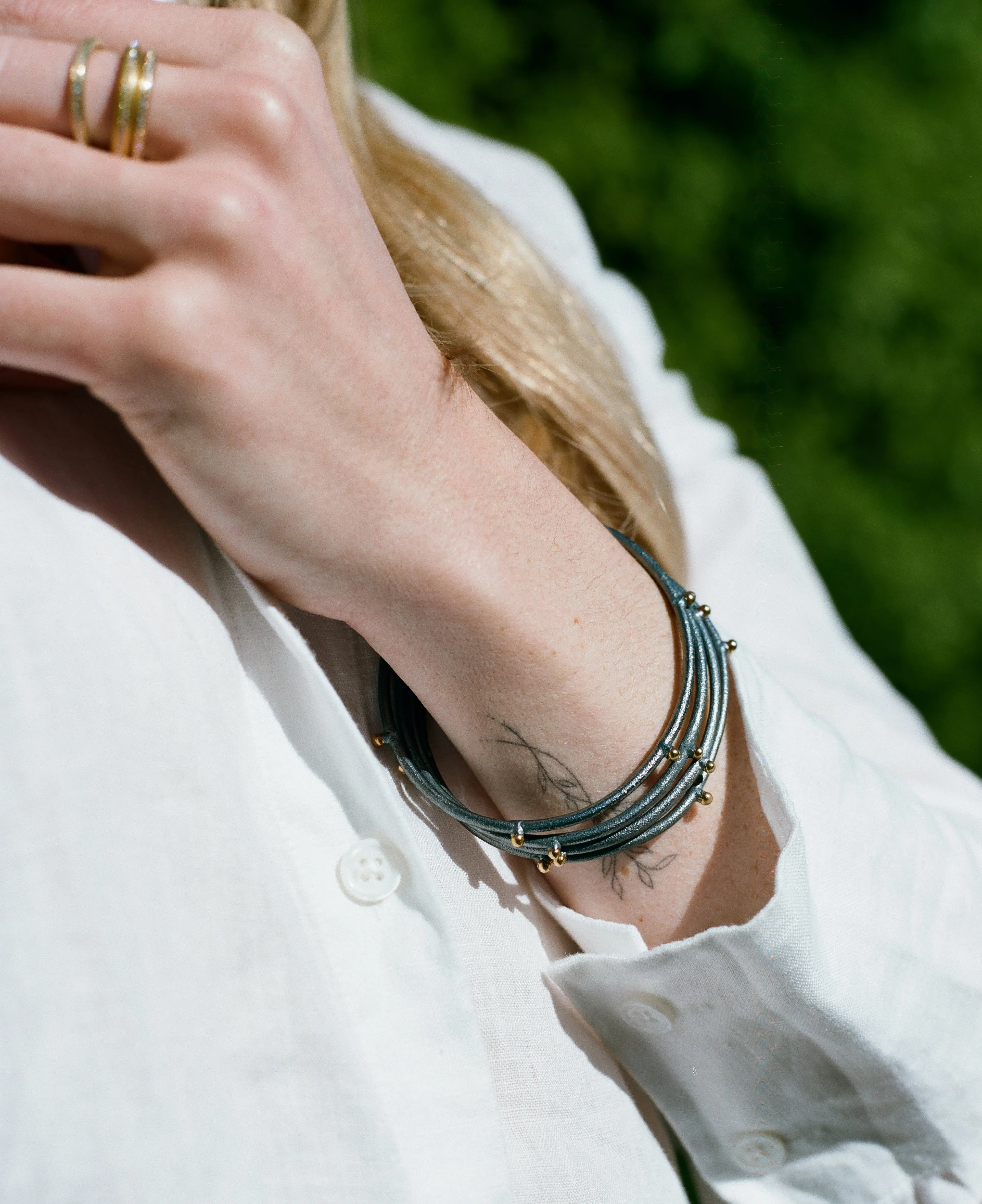 Sputnik Bangle in Oxidized Silver with Blue Sapphires