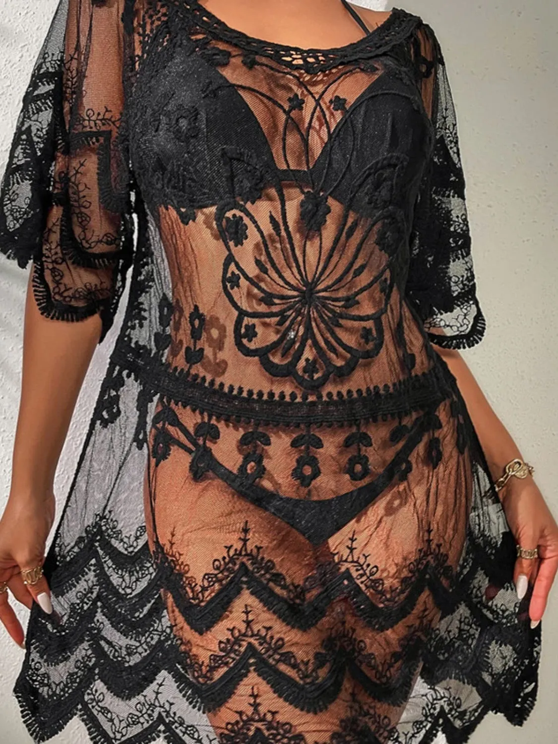 Sunset Vacation  Lace Round Neck Half Sleeve Beach Cover Up