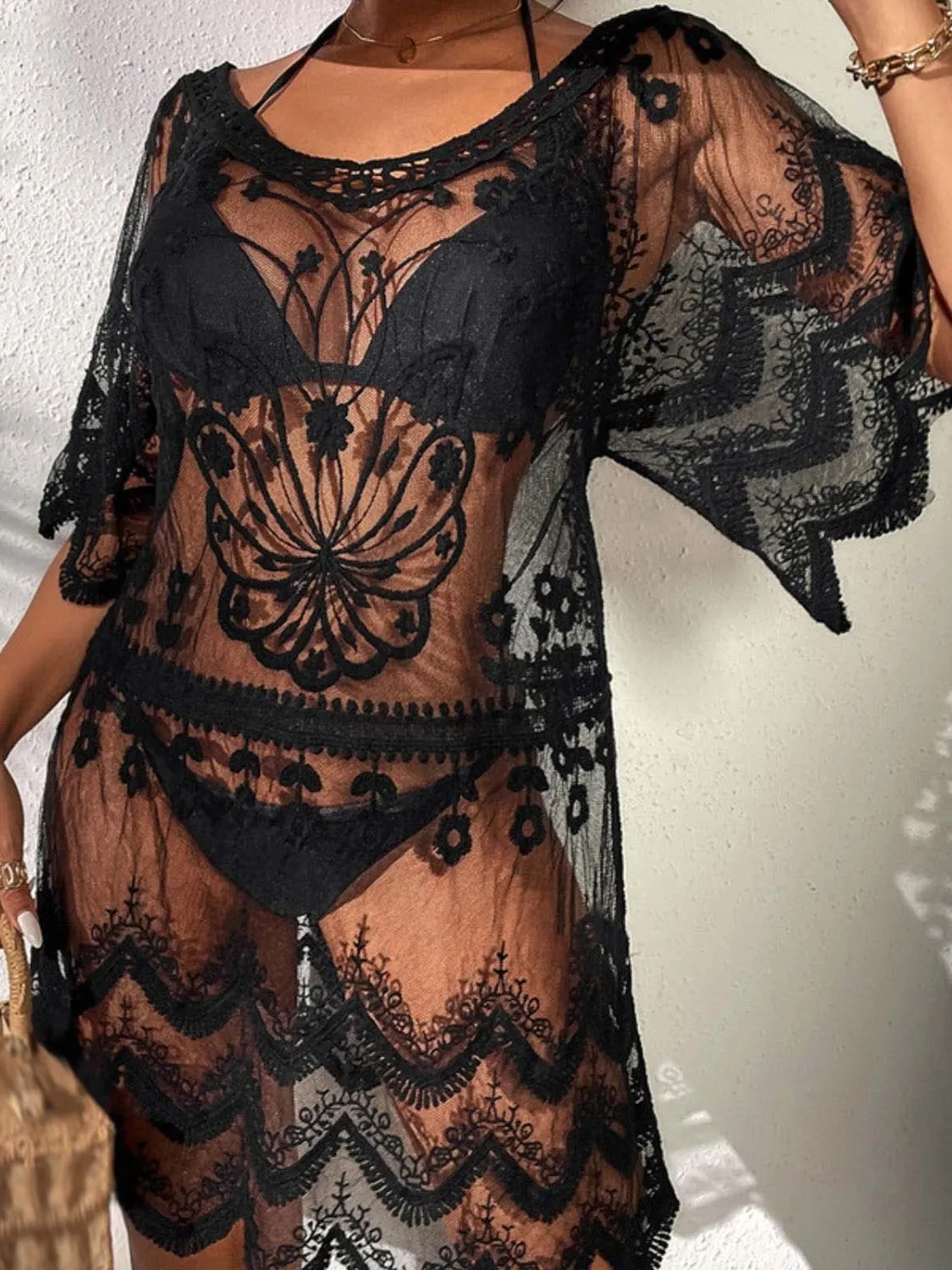 Sunset Vacation  Lace Round Neck Half Sleeve Beach Cover Up