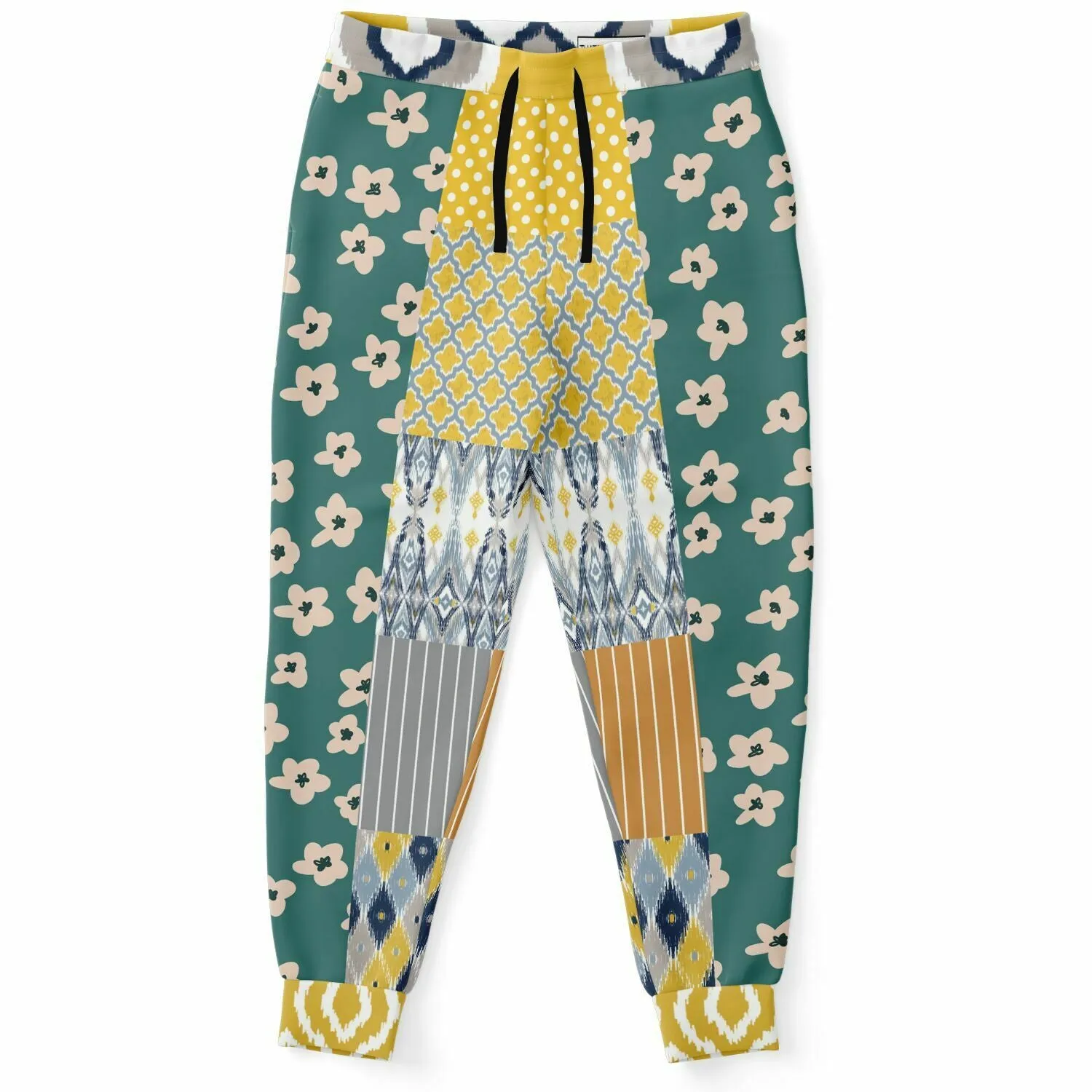 Tallulah Bankhead Yellow Ikat Patchwork Unisex Fleece Joggers