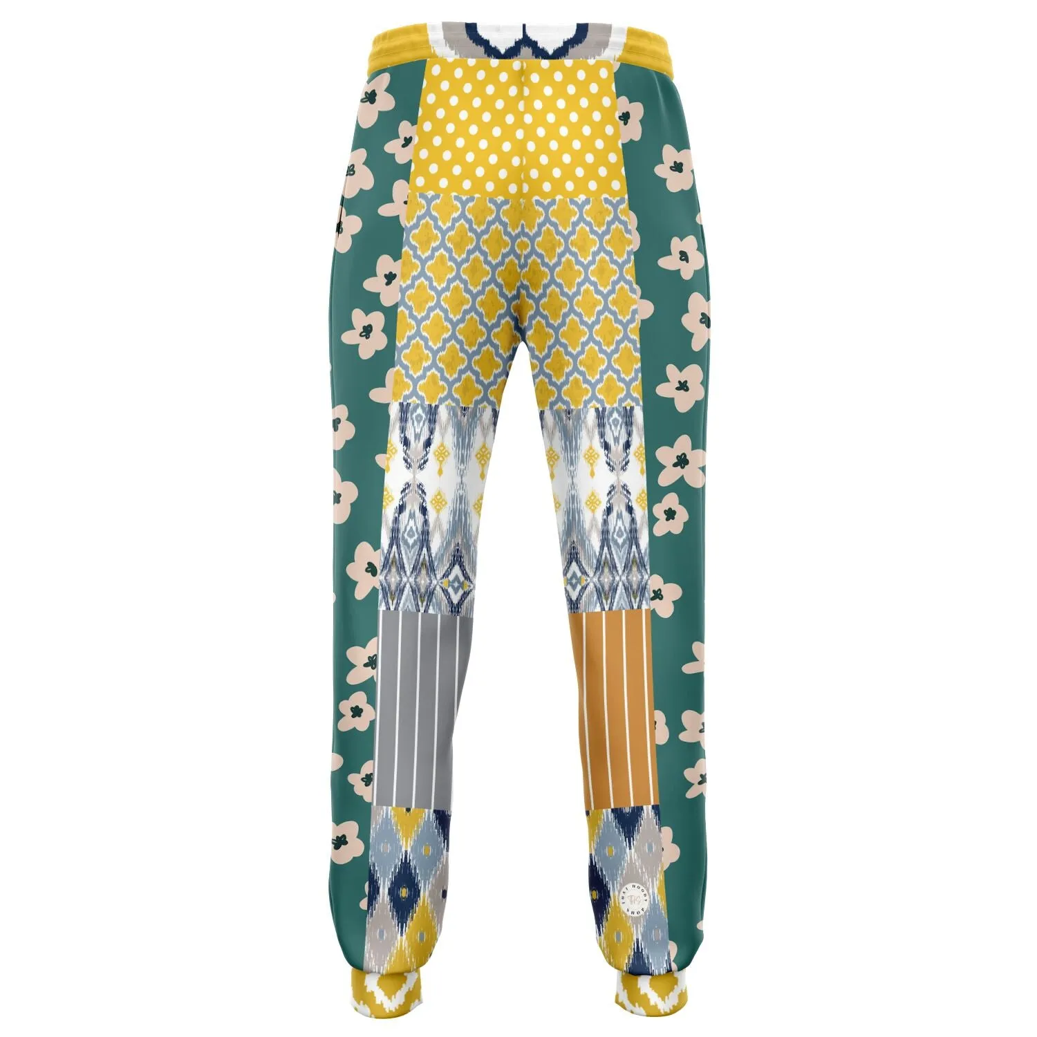 Tallulah Bankhead Yellow Ikat Patchwork Unisex Fleece Joggers