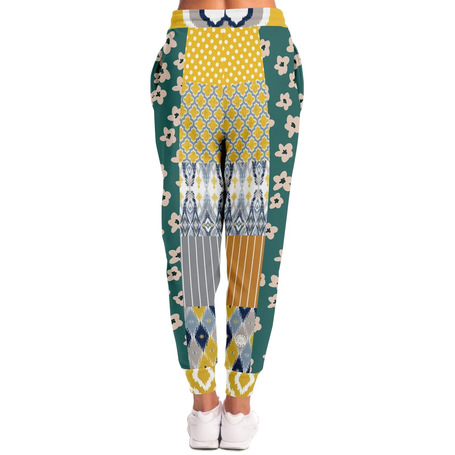 Tallulah Bankhead Yellow Ikat Patchwork Unisex Fleece Joggers