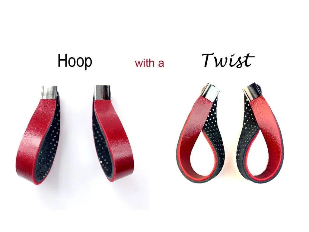 Twisted hoop red leather earrings