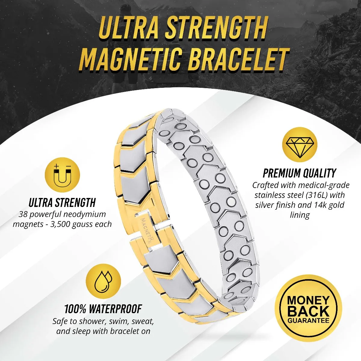 Ultra Strength Silver & Gold Arrow Chain Magnetic Therapy Bracelet