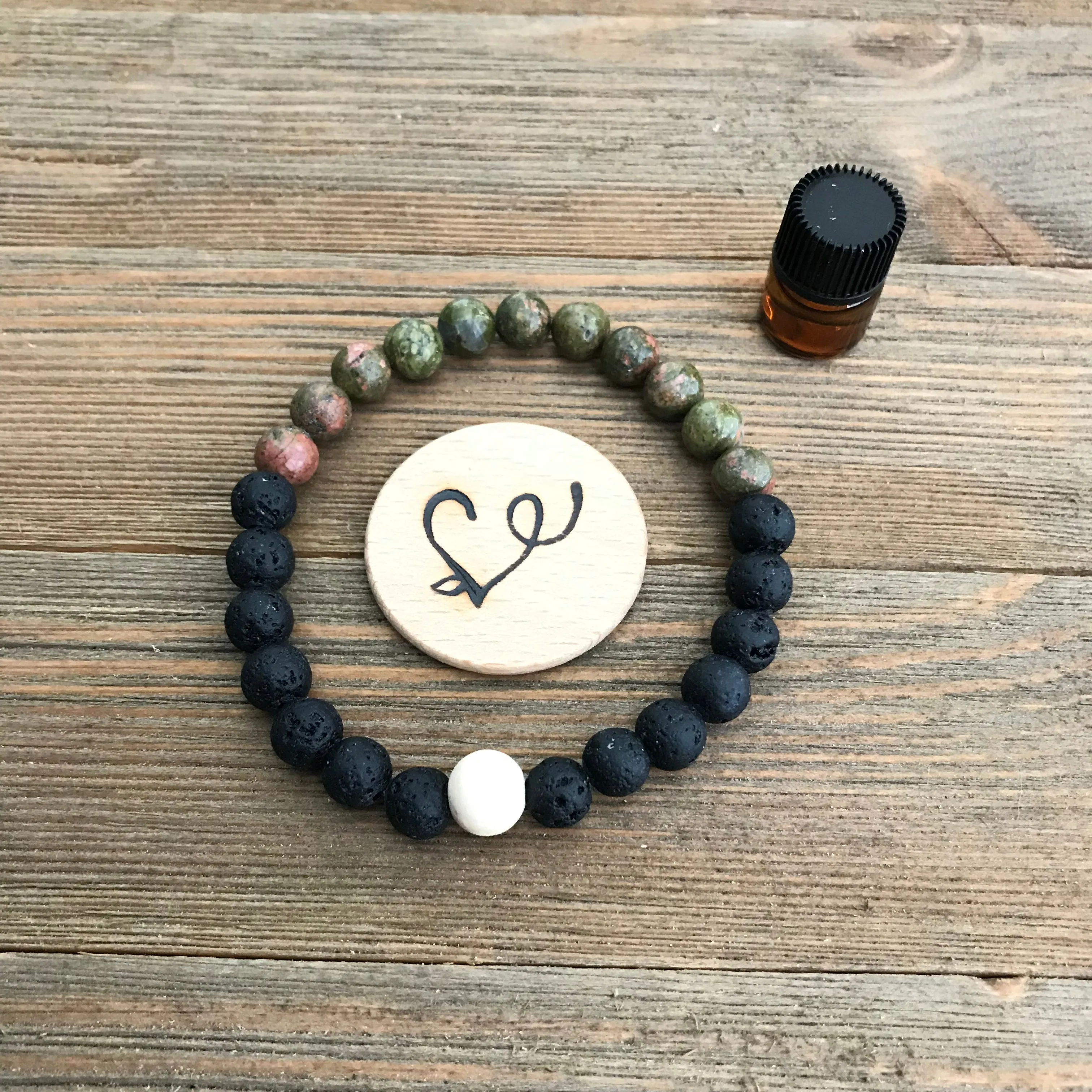 Unakite and Lava Gemstone Essential Oil Diffuser Bracelet-- FREE SHIPPING