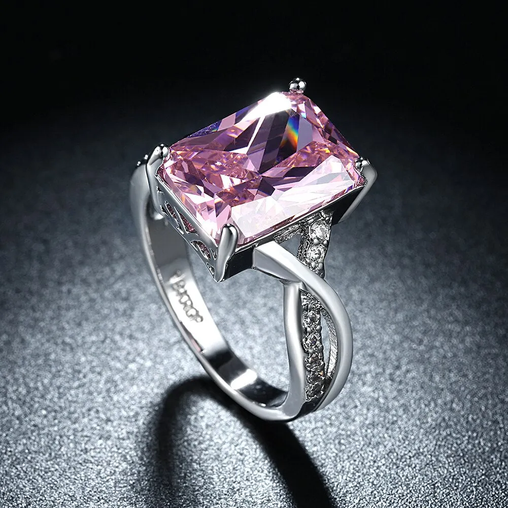 White Gold plated Pink CZ Crystal Ring