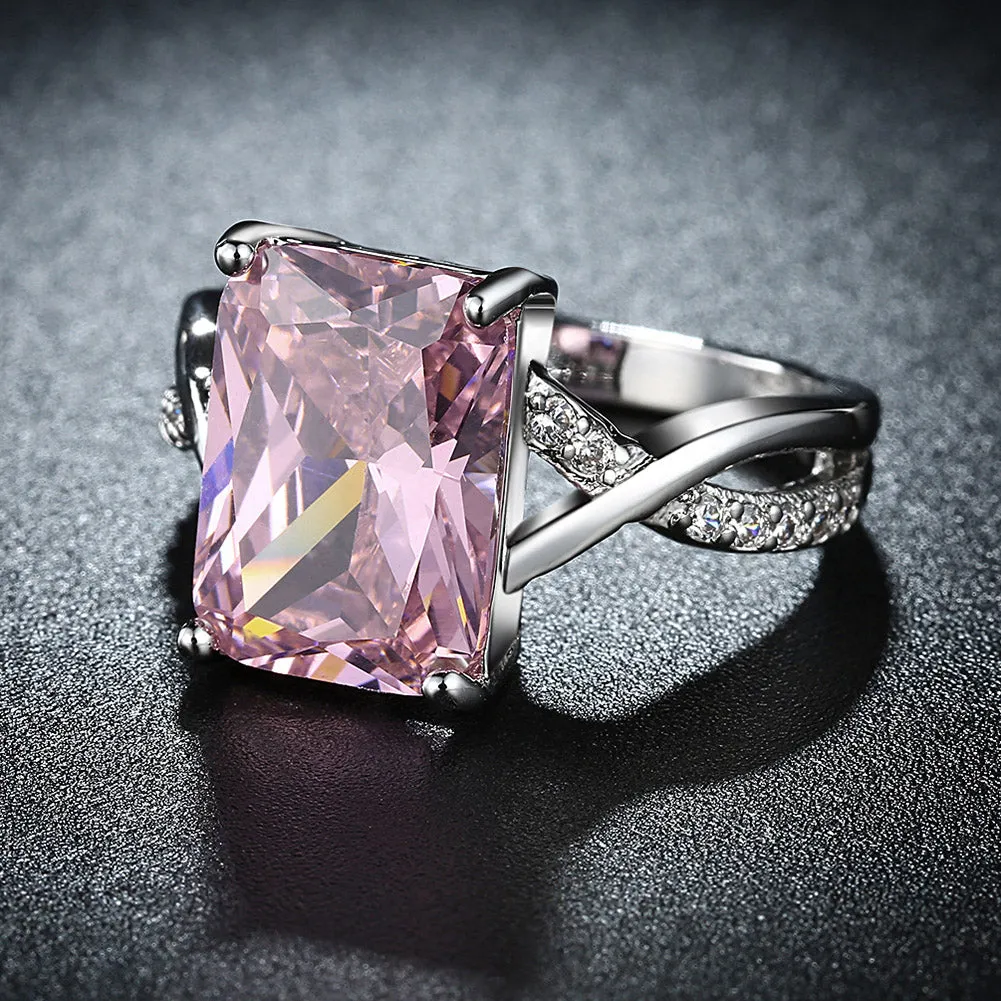 White Gold plated Pink CZ Crystal Ring