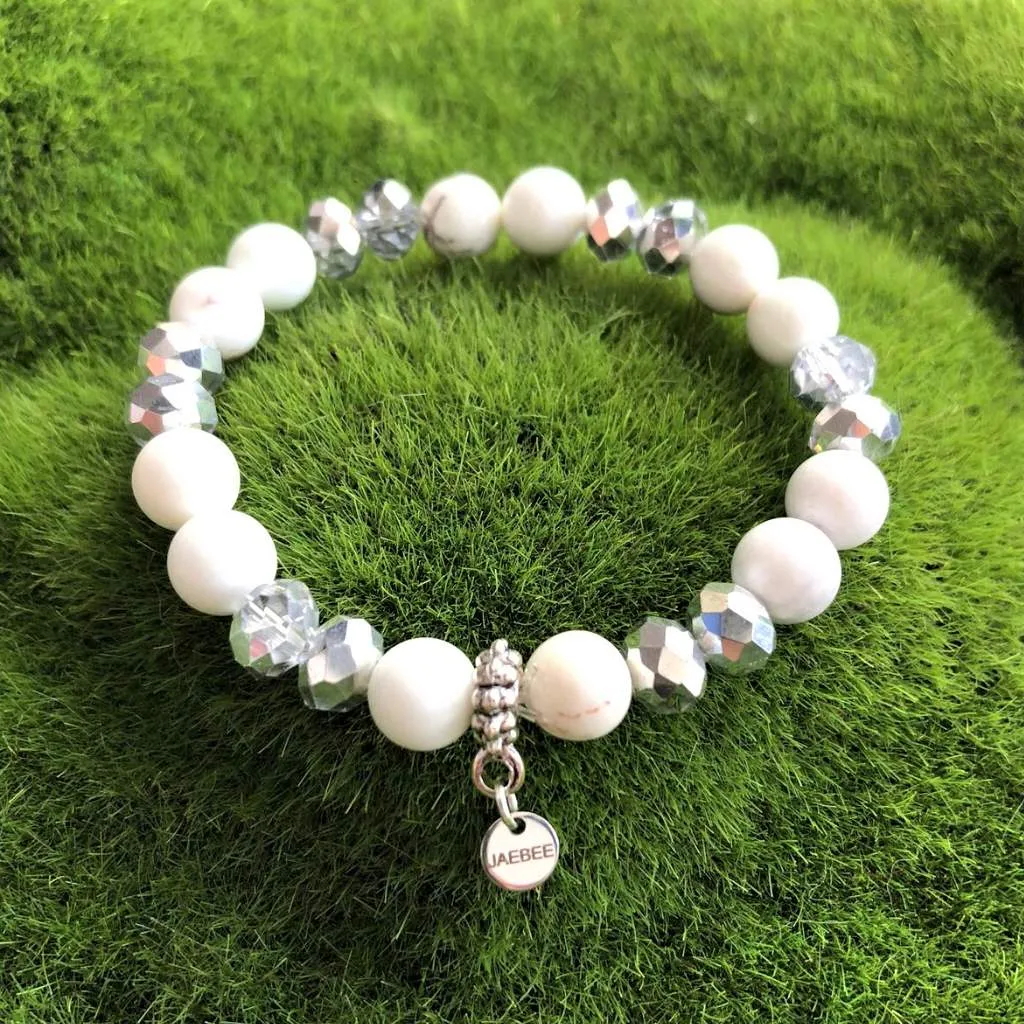 White Magnesite and Silver Crystal Beaded Bracelet