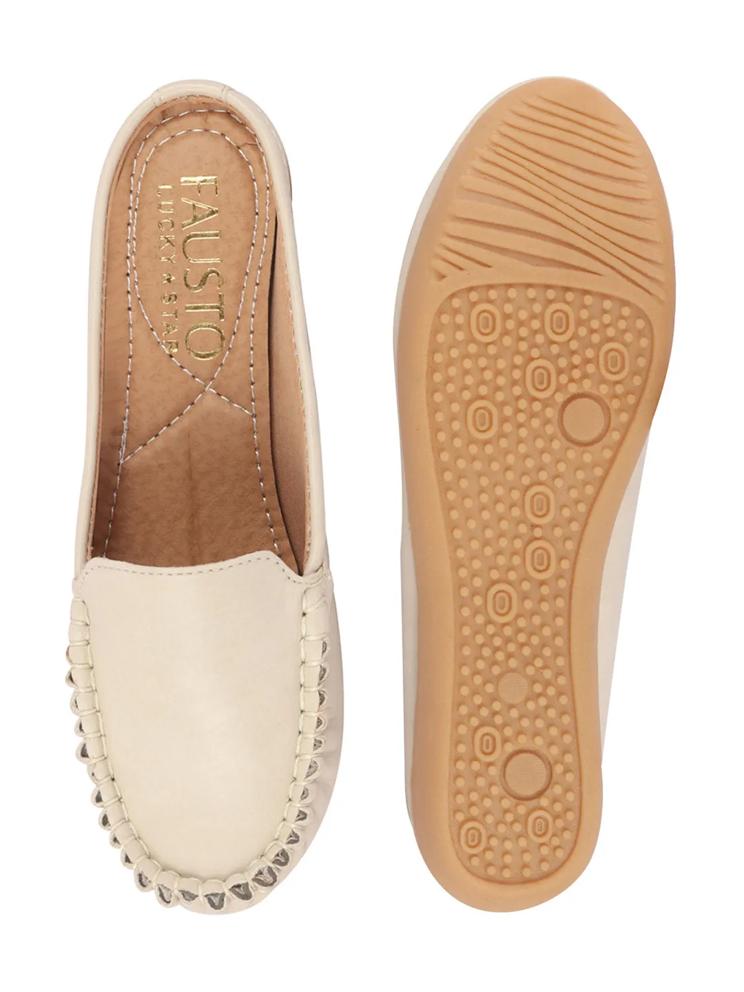 Women Cream Side Stitched Back Open Slip On Mules Shoes